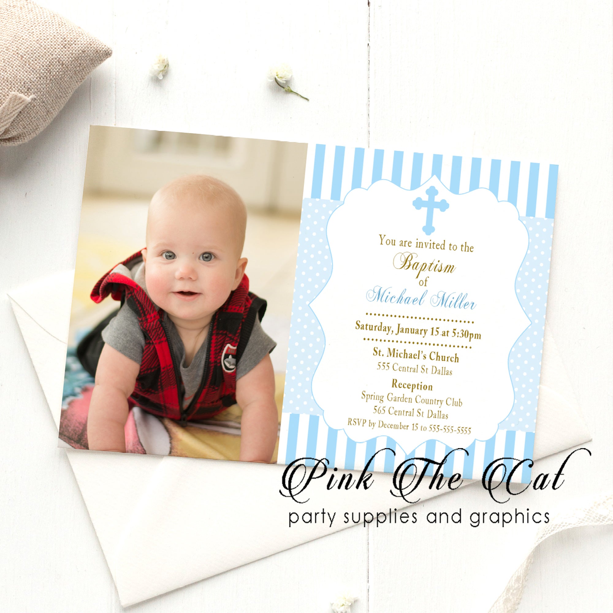 30 Baptism christening invitations boy blue white photo personalized