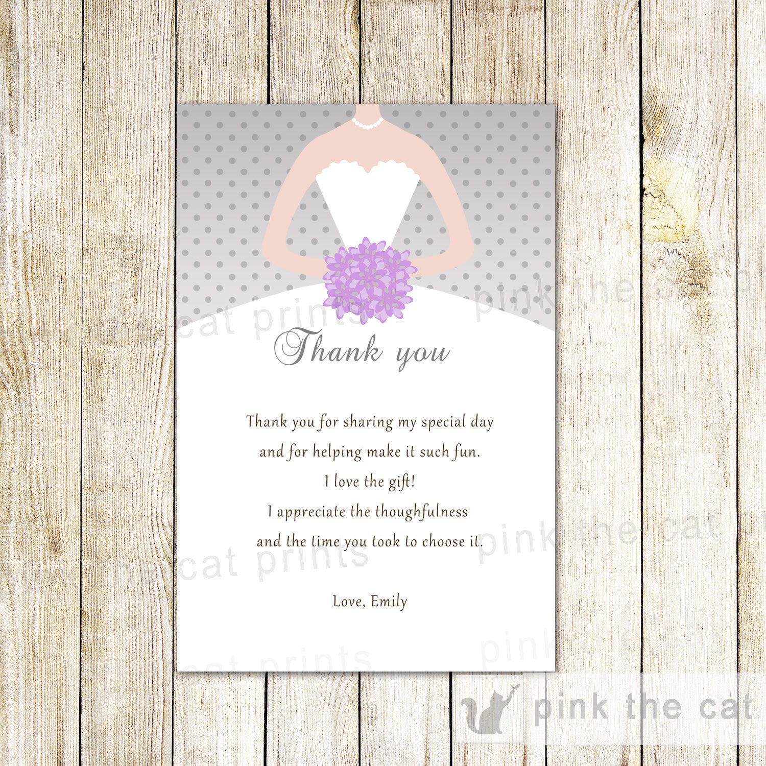 Bridal Shower Thank You Card Silver Lillac Dress Sweet 16