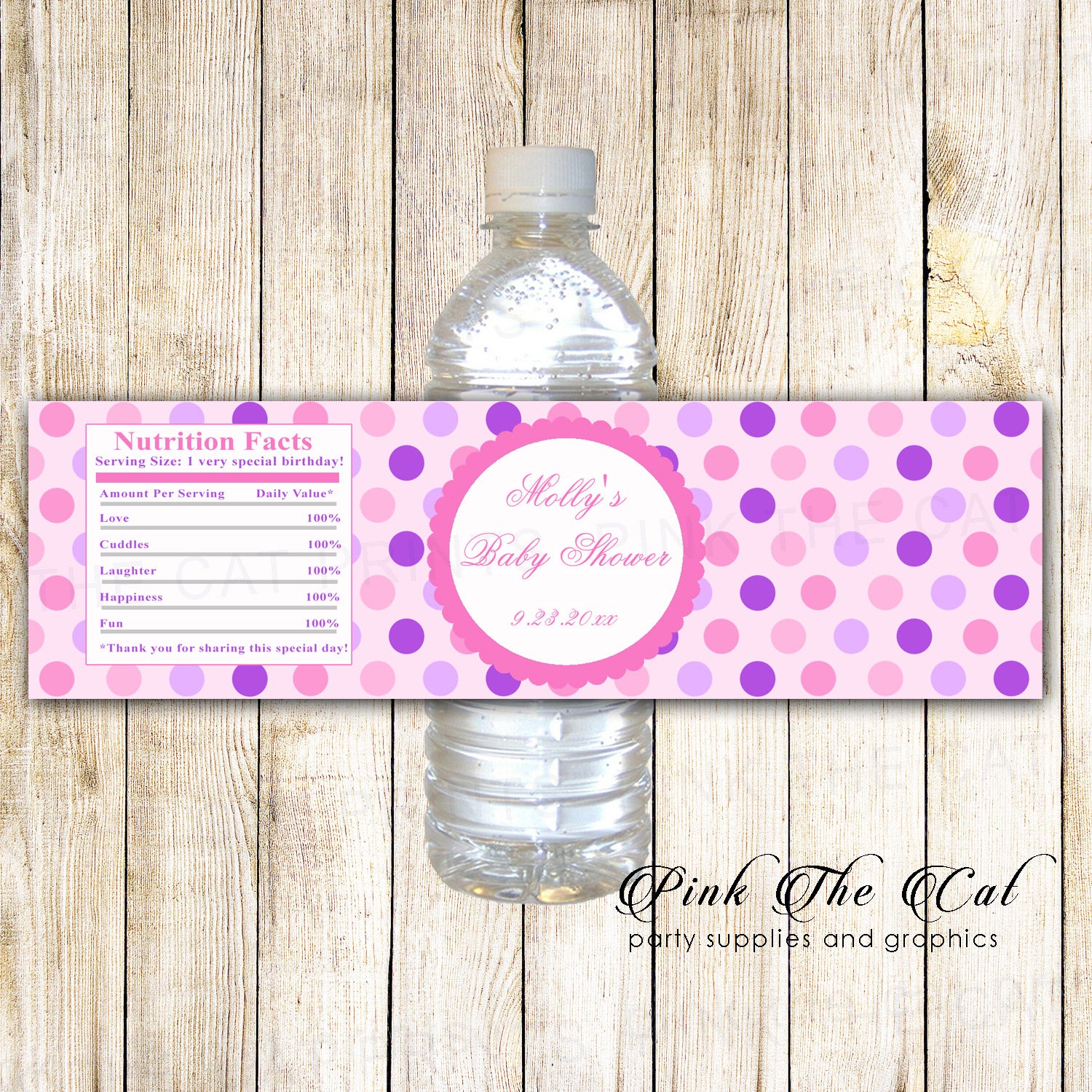 30 Bottle Labels Girl Birthday Pink Purple Baby Shower