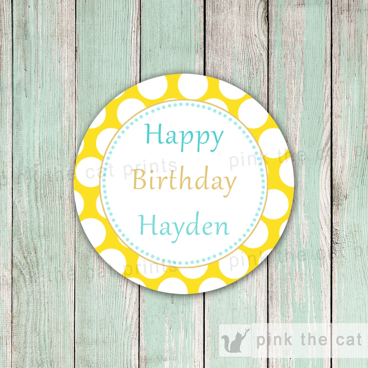 Yellow Teal Label Sticker Gift Favor Tag Birthday Baby Shower Polka Dots