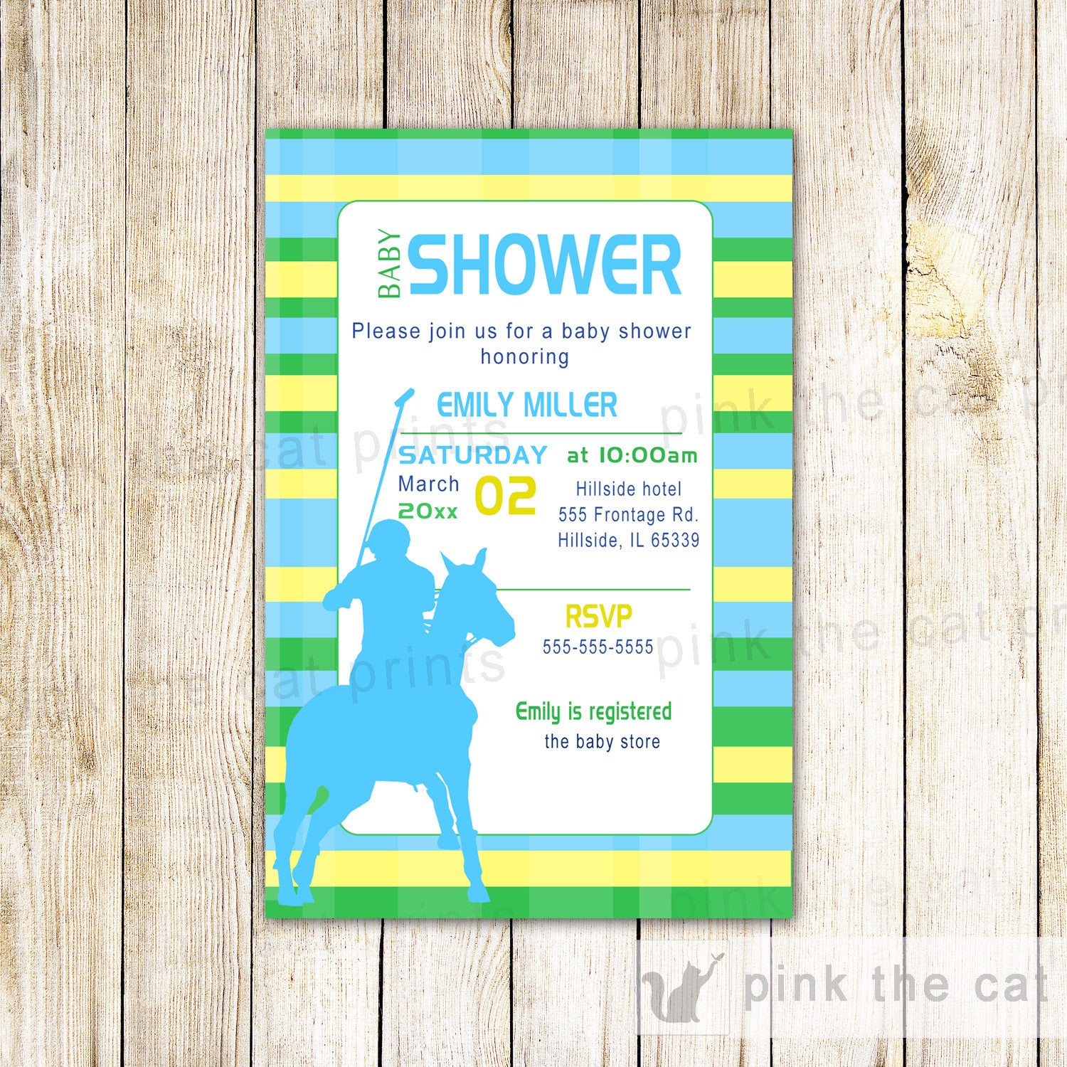 Polo Invitation Boy Birthday Baby Shower Green Blue Yellow