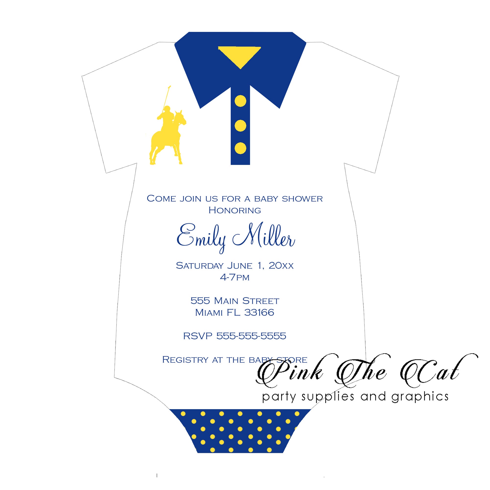 Polo invitations bodysuit royal blue yellow baby shower printable