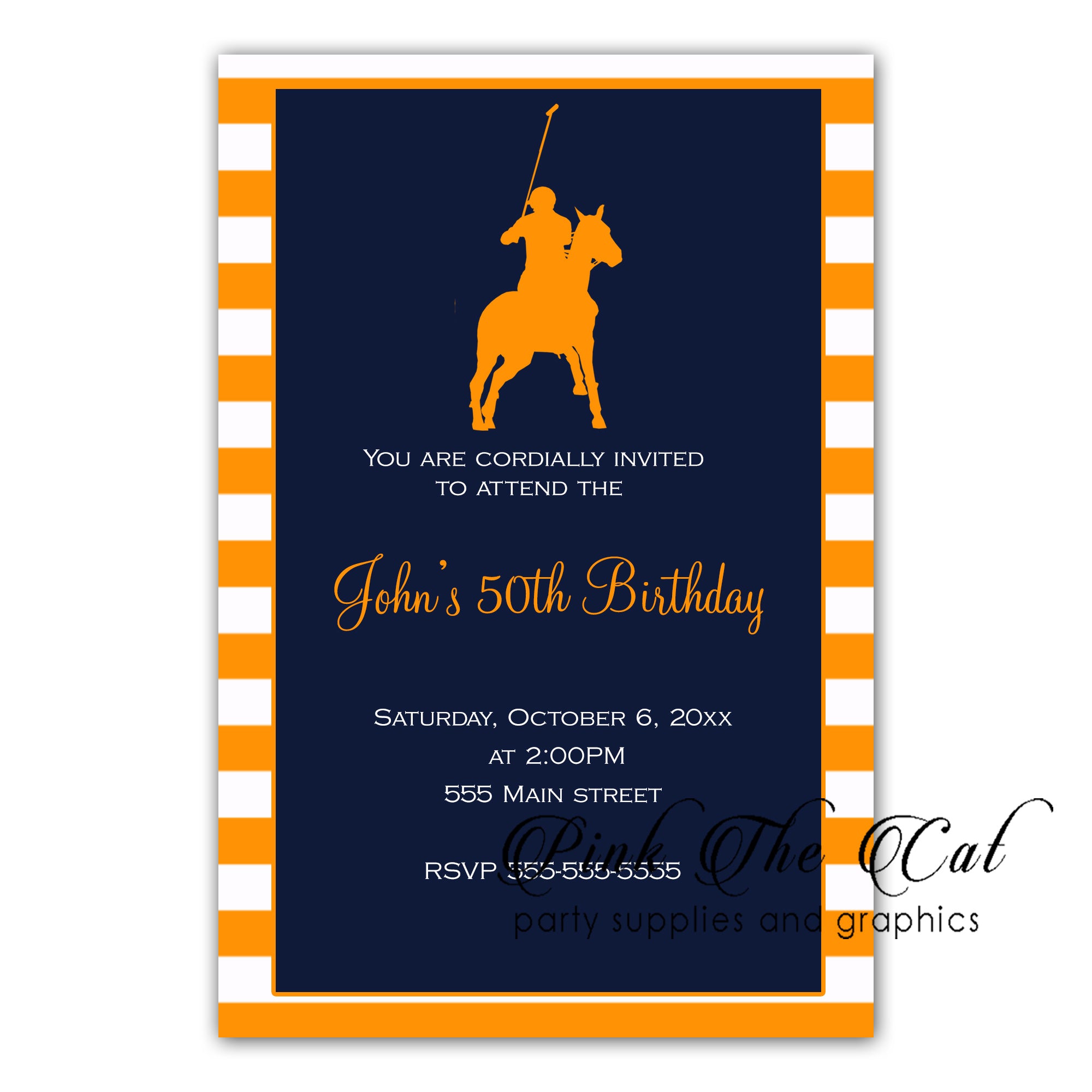 Polo invitations orange navy blue birthday baby shower printable