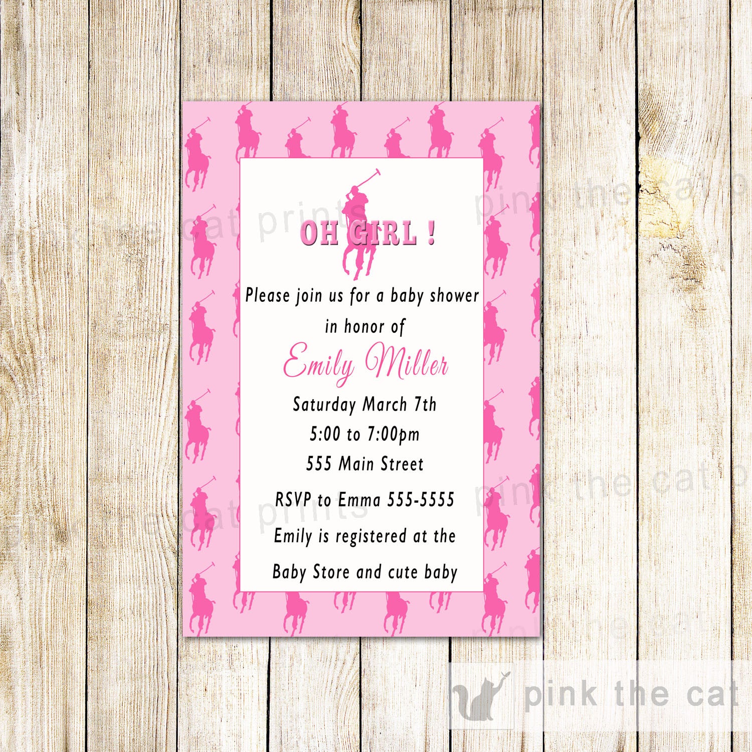 Polo Invitation Baby Girl Shower Birthday Pink