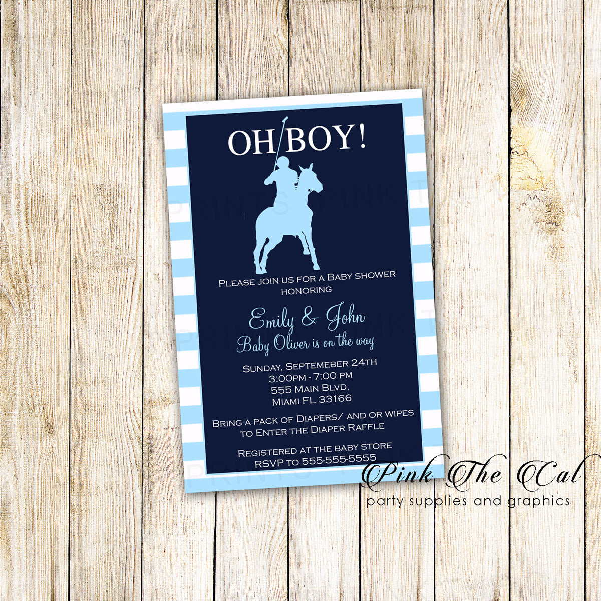 Polo Invitation Blue Stripes Baby Shower Printable