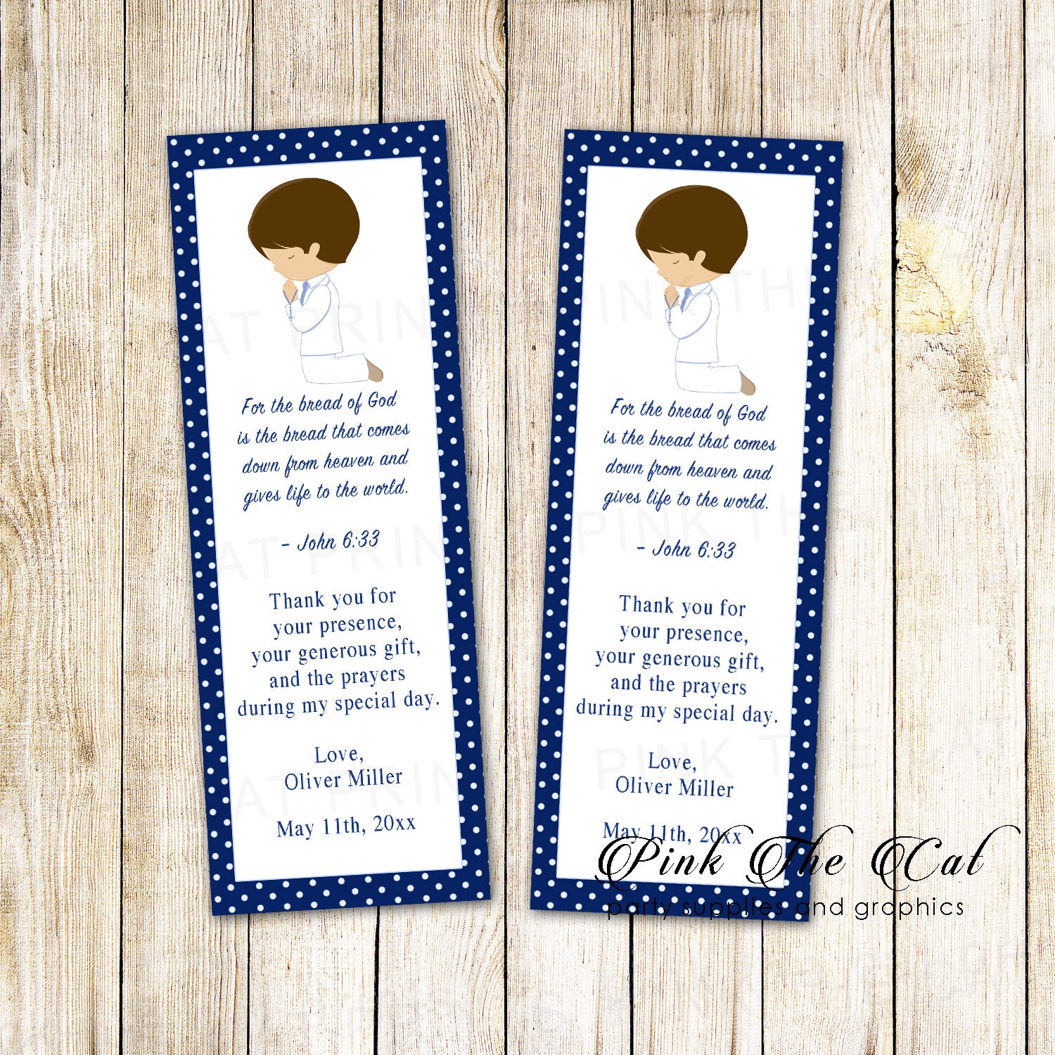 50 bookmarks boy praying communion blue personalized