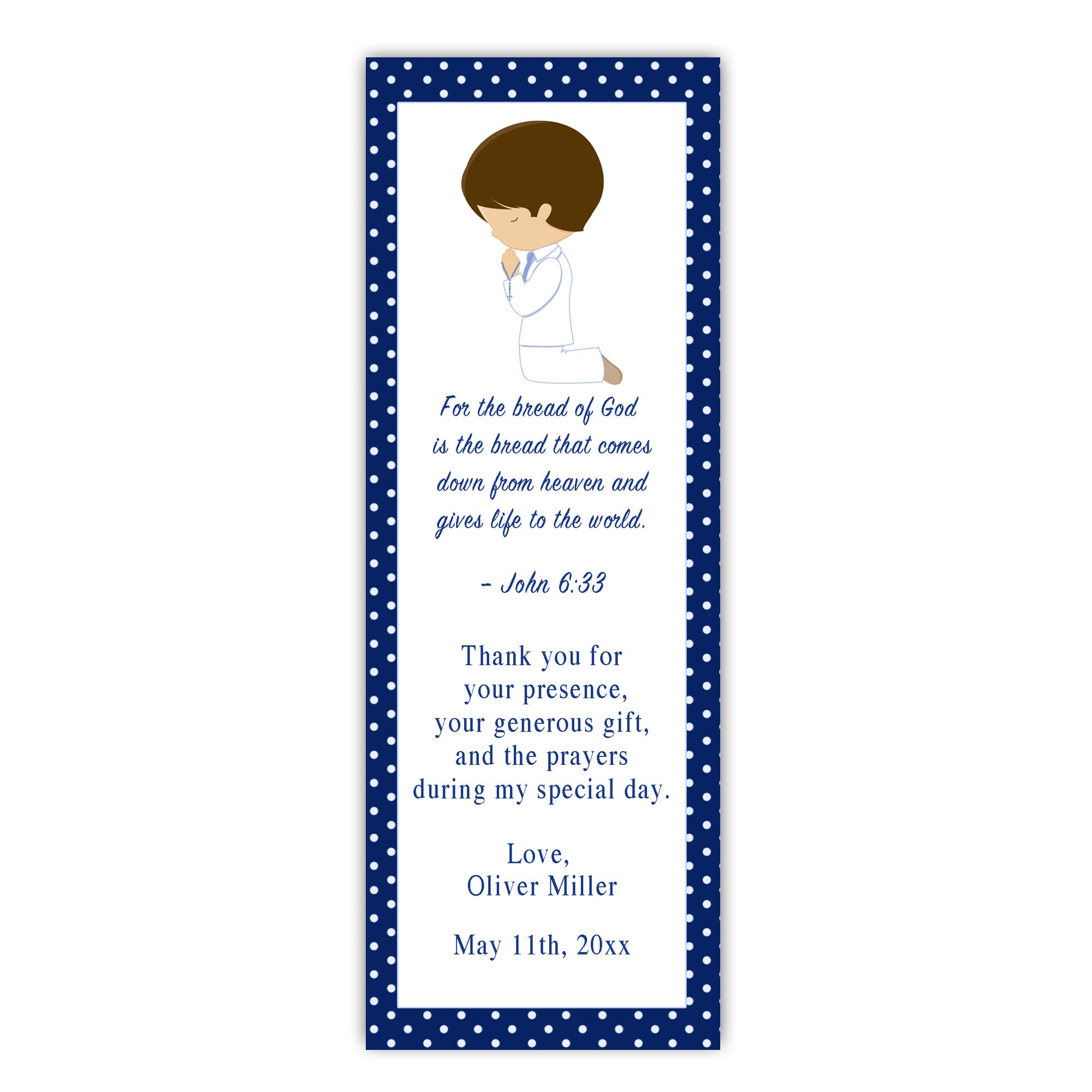 50 bookmarks boy praying communion blue