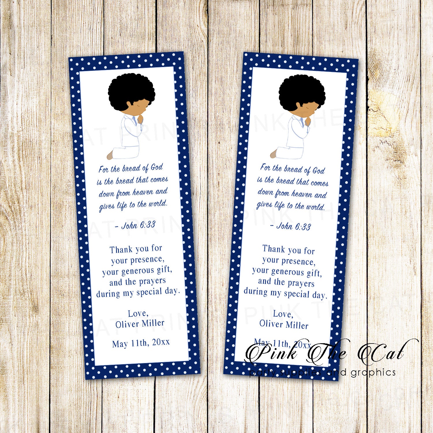 50 bookmarks boy praying communion favors blue african american