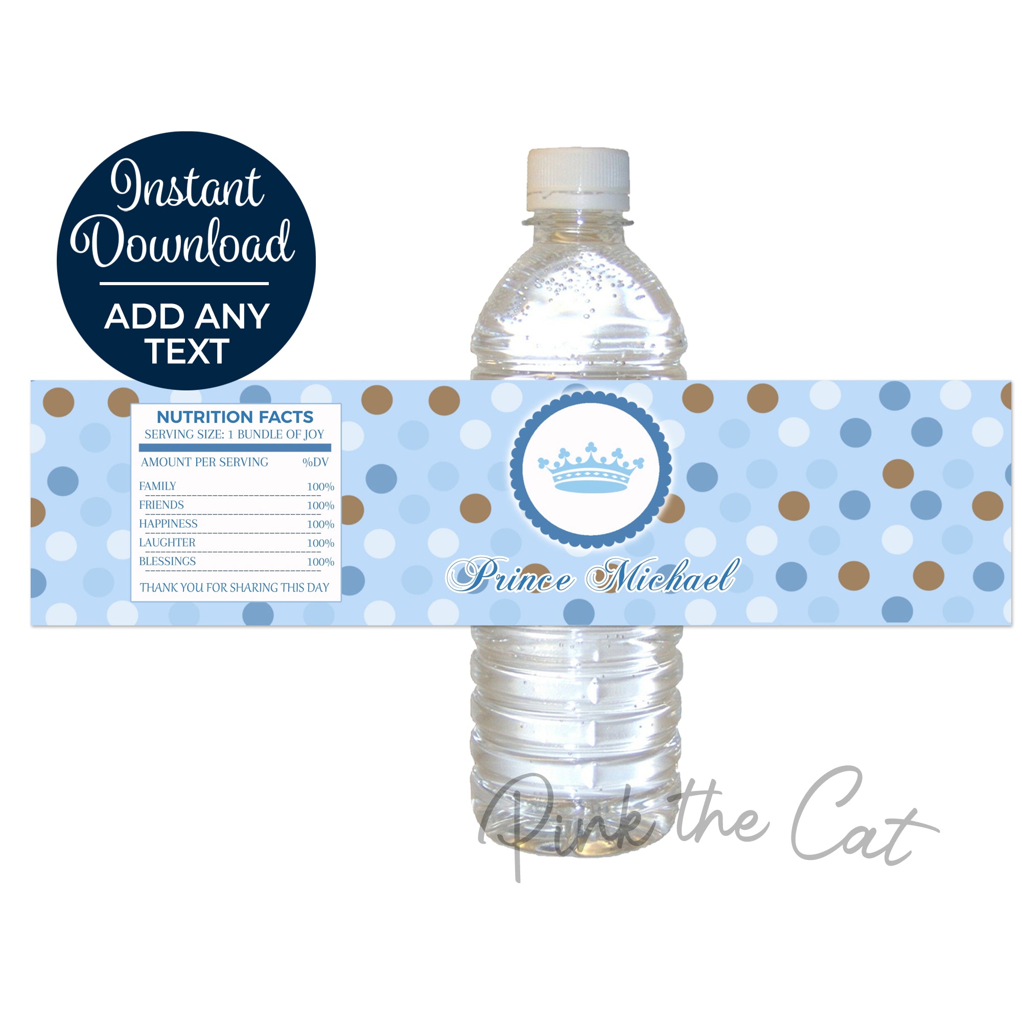 Prince Bottle Label Birthday Baby Shower Blue Brown