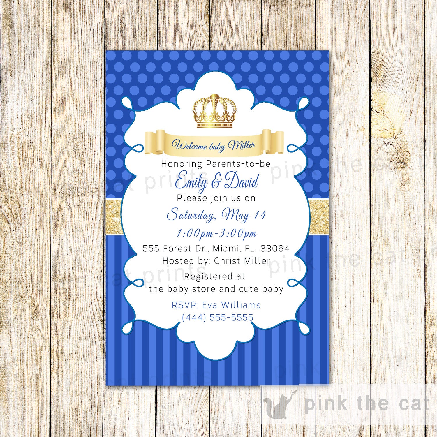 Prince Invitation Boy Birthday Baby Shower Royal Blue Glitter Gold