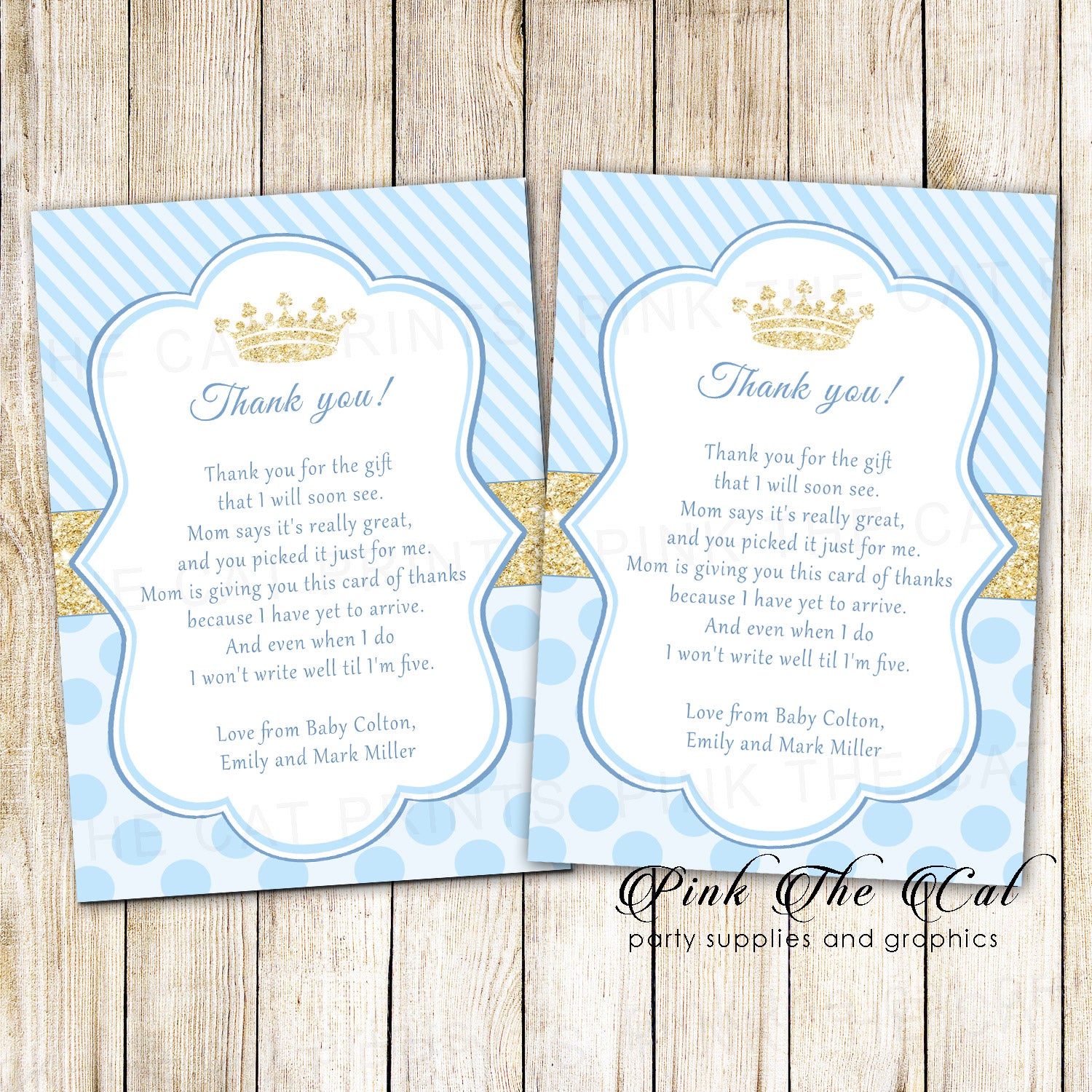 30 thank you cards prince blue gold baby shower
