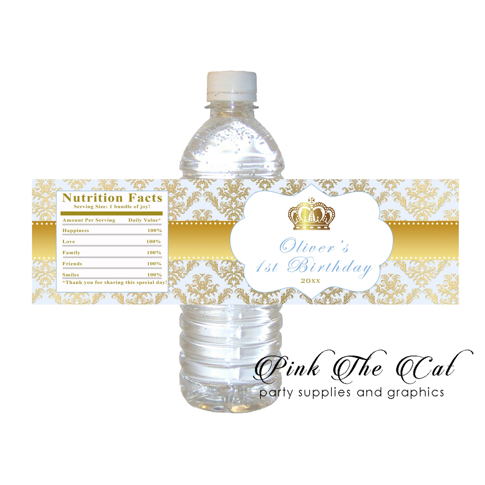 Prince blue gold bottle label birthday baby shower stickers printable