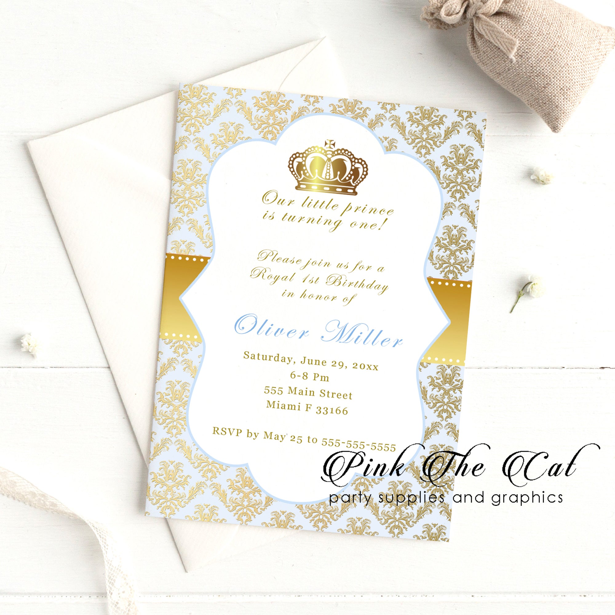 30 Prince gold light blue invitations birthday baby shower personalized