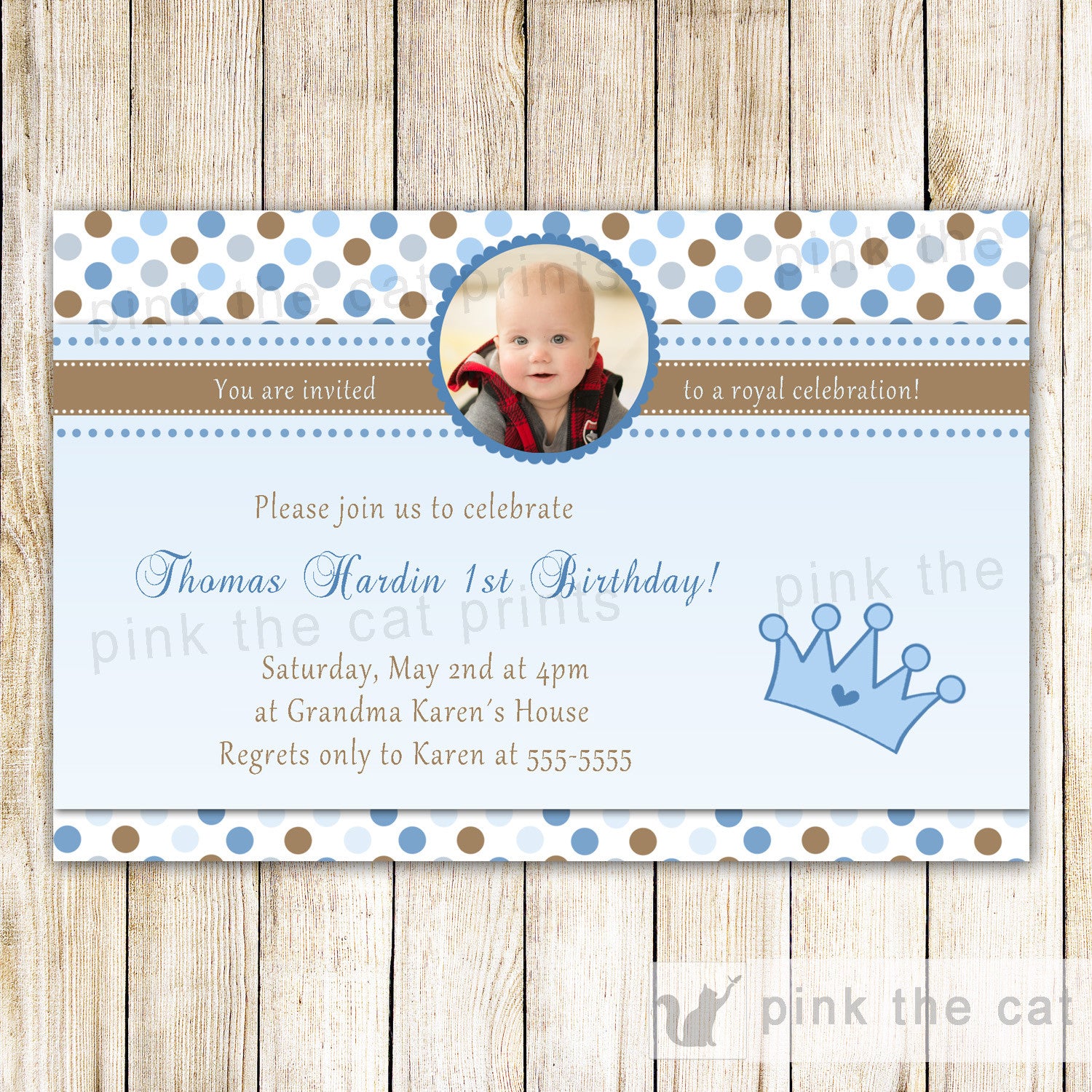 Prince Invitation Boy Birthday Party Blue Brown Polka Dots With Photo