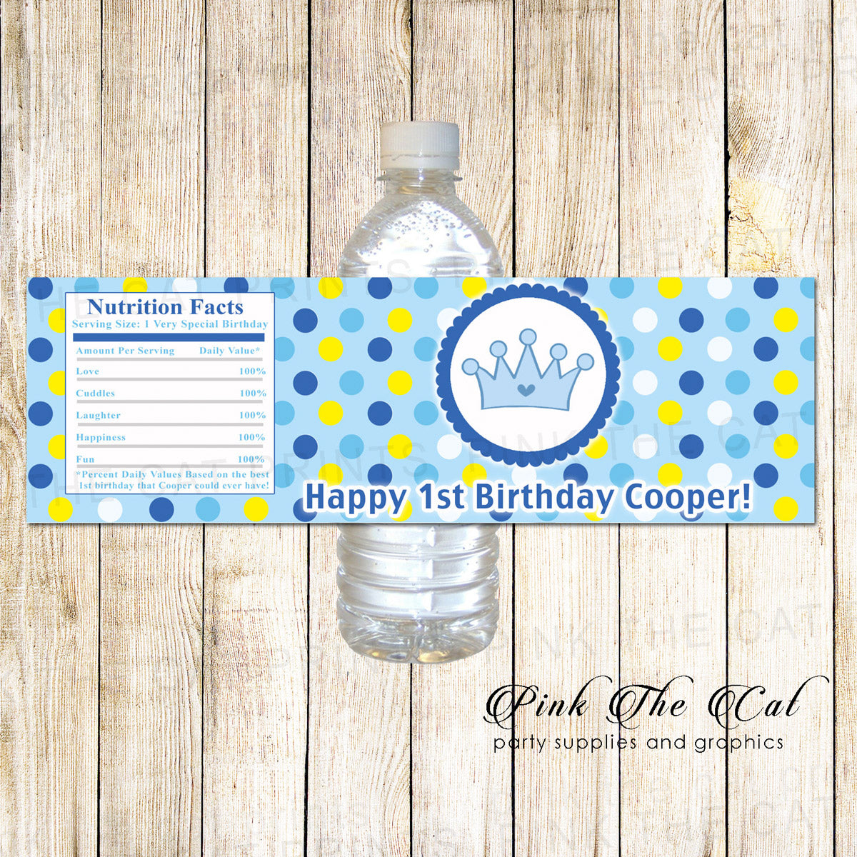 30 Bottle Labels Prince Birthday Baby Shower Yellow Blue