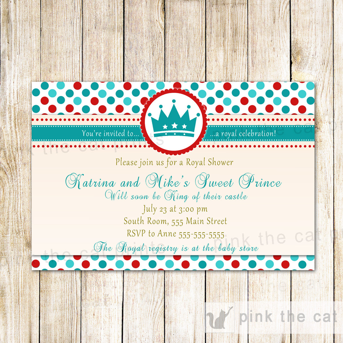 Prince Invitation Baby Boy Shower Birthday Teal Red