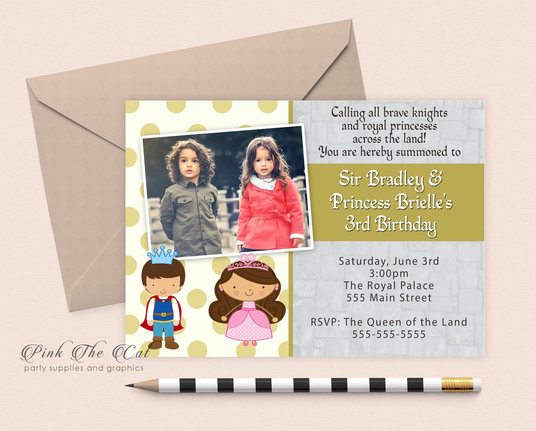 Knight prince princess kids birthday invitation printable