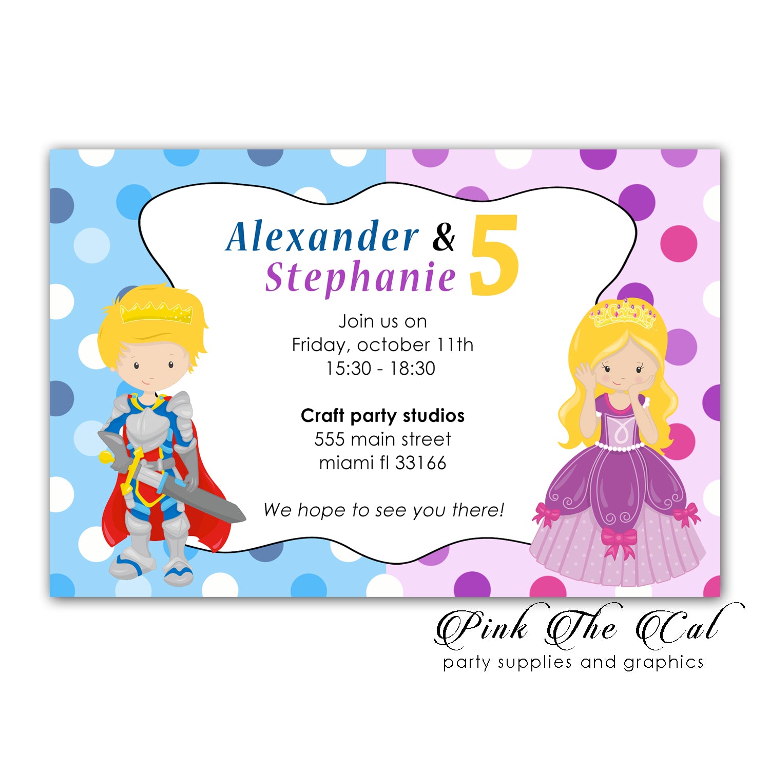 30 Prince princess invitations twins birthday personalized & envelopes