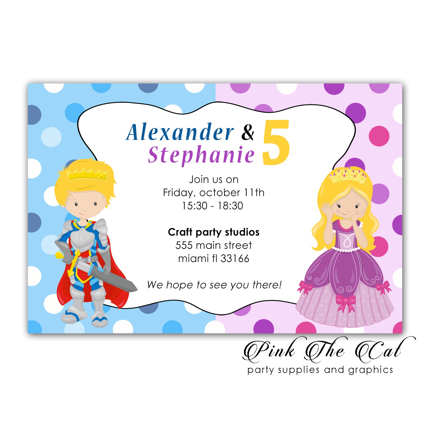 Prince princess invitations twins birthday personalized printable