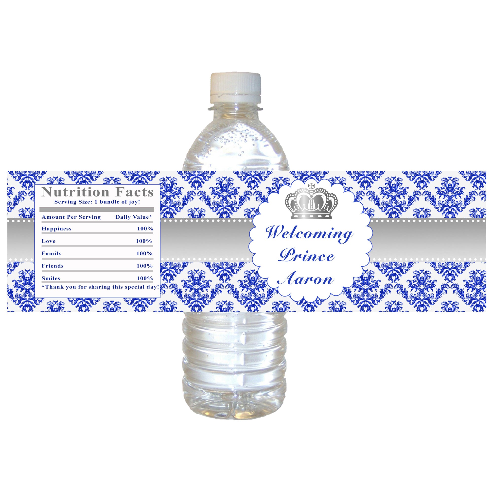 Prince silver royal blue bottle label birthday baby shower favors