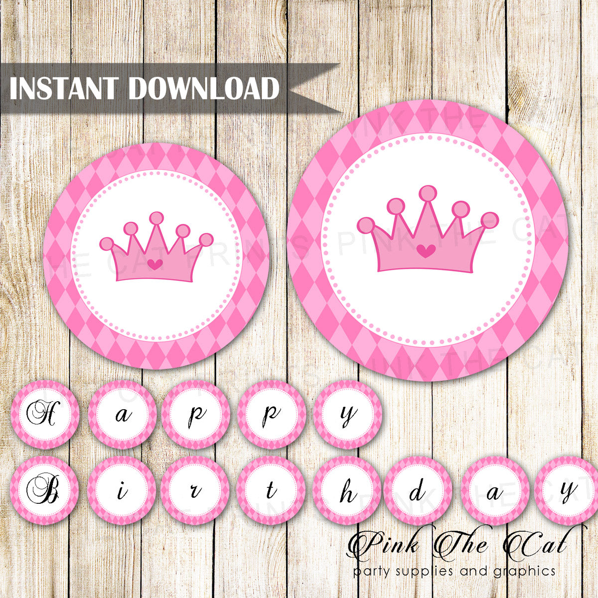 Princess Argyle Happy Birthday Banner Pink Black Printable