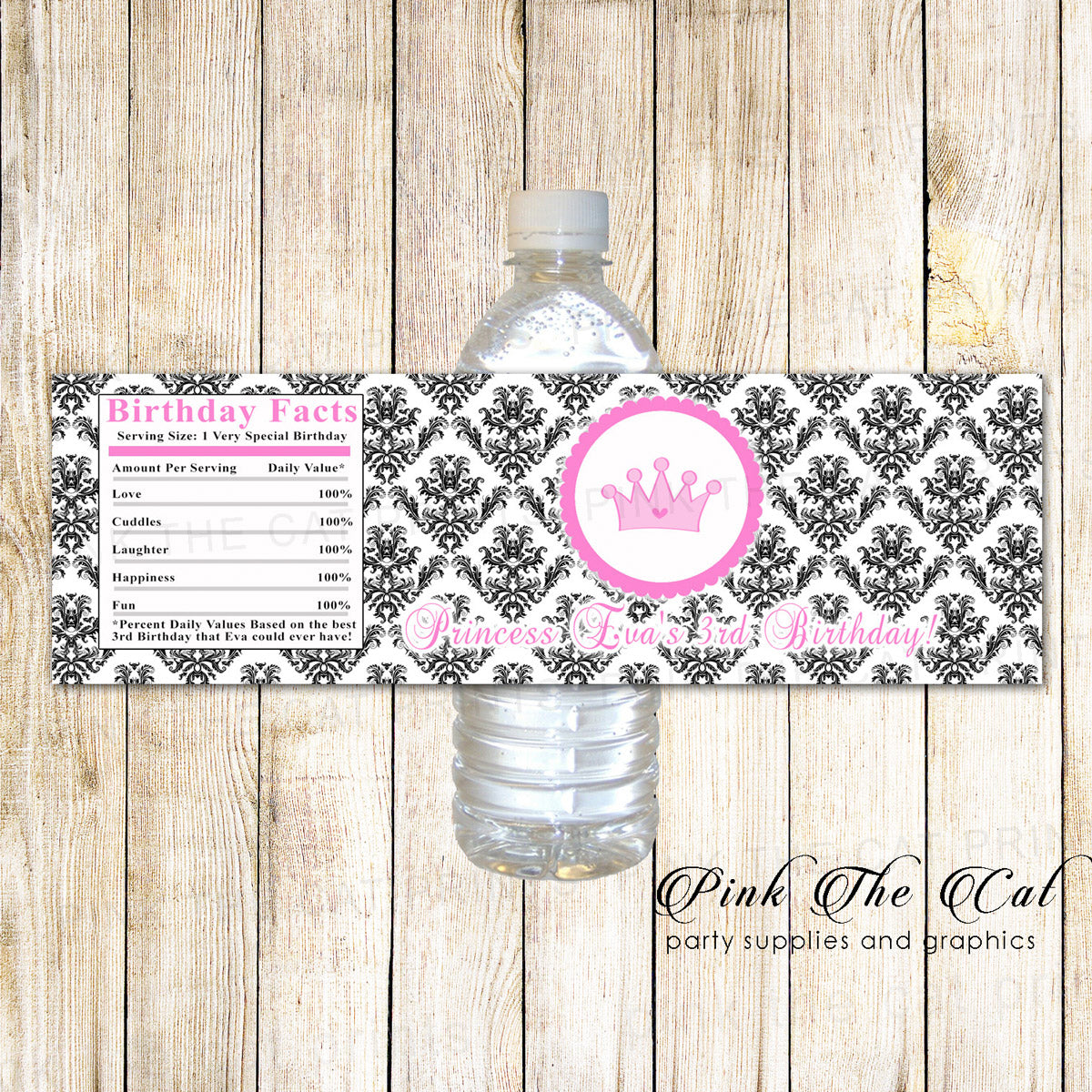 Damask Princess Bottle Label Birthday Baby Shower Pink