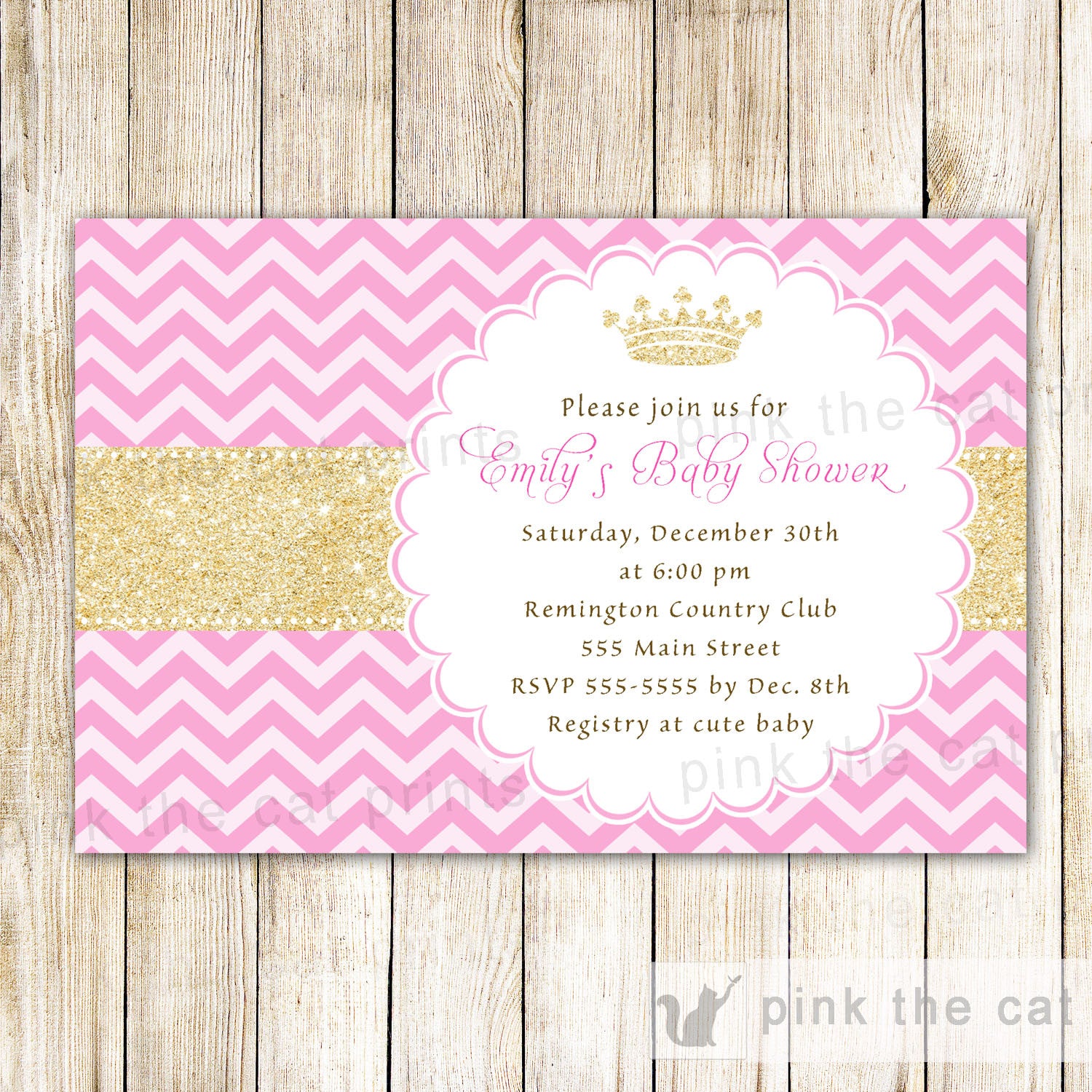 Princess Invitation Glitter Pink Gold Birthday Baby Shower