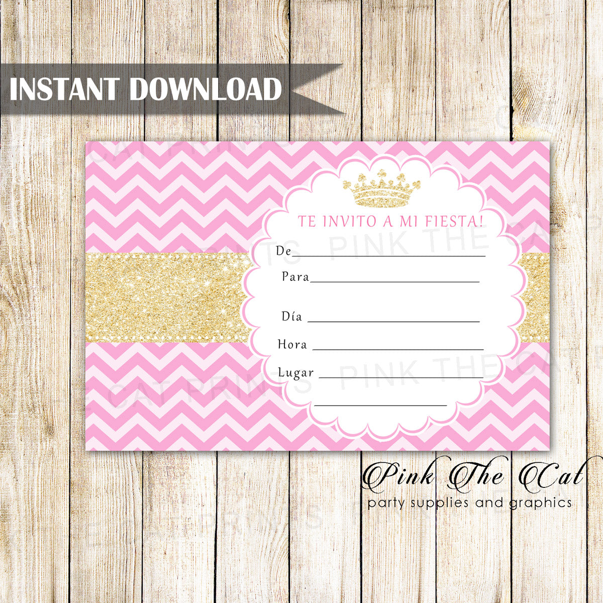 Princess Glitter Gold Pink Fill In Invitation Spanish Printable