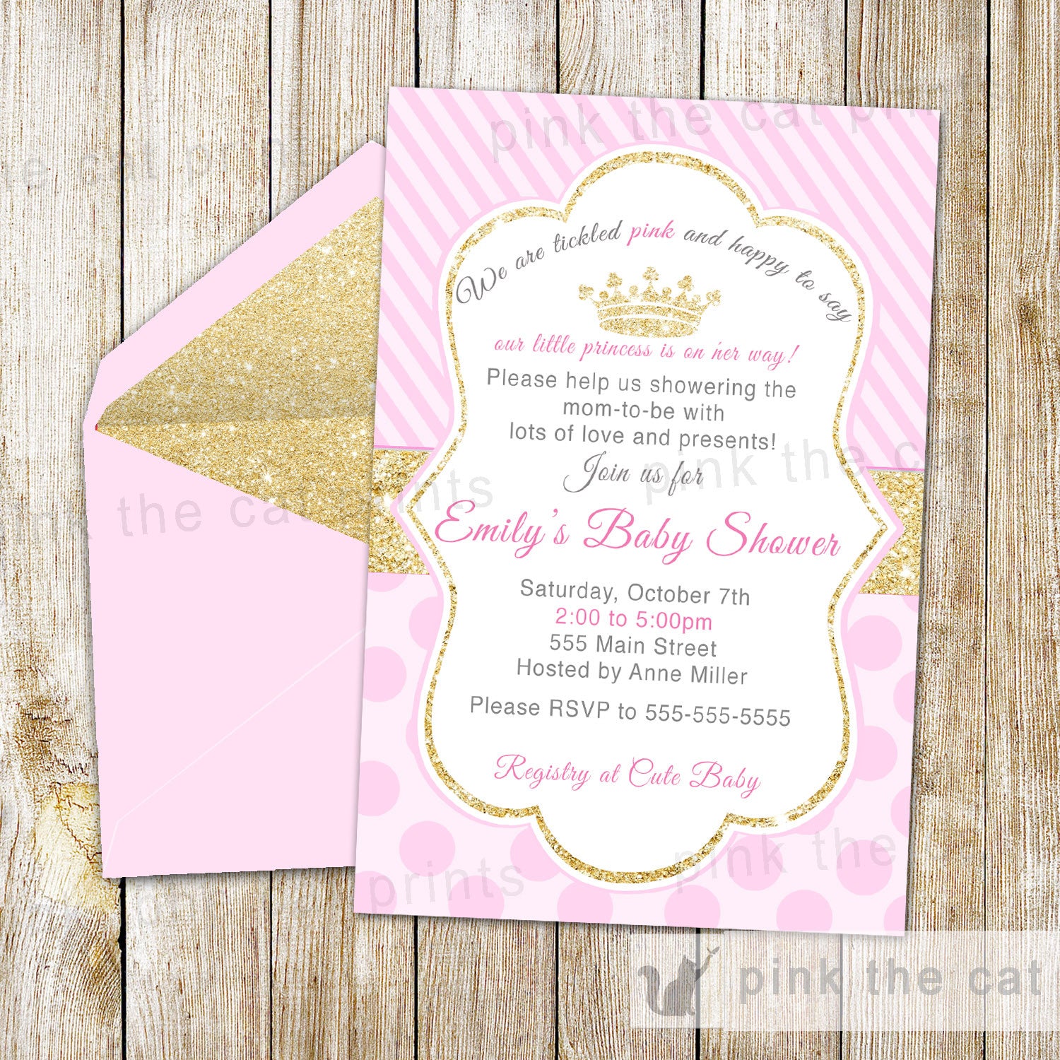 Princess Invitation Girl Birthday Party Baby Shower Pink Gold Glitter