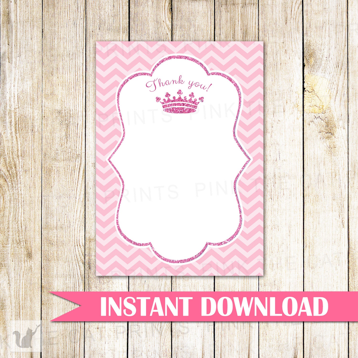 Princess Blank Thank You Card Note Pink Glitter Chevron