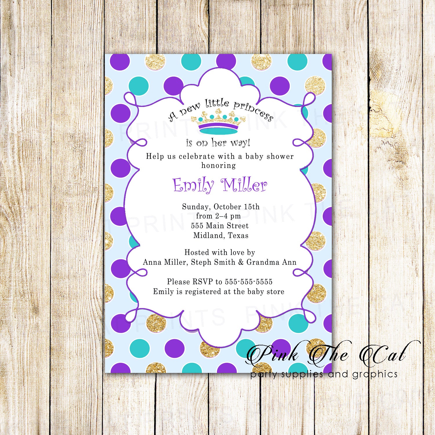 Princess Baby Shower Birthday Invitations Purple Teal Gold Printable