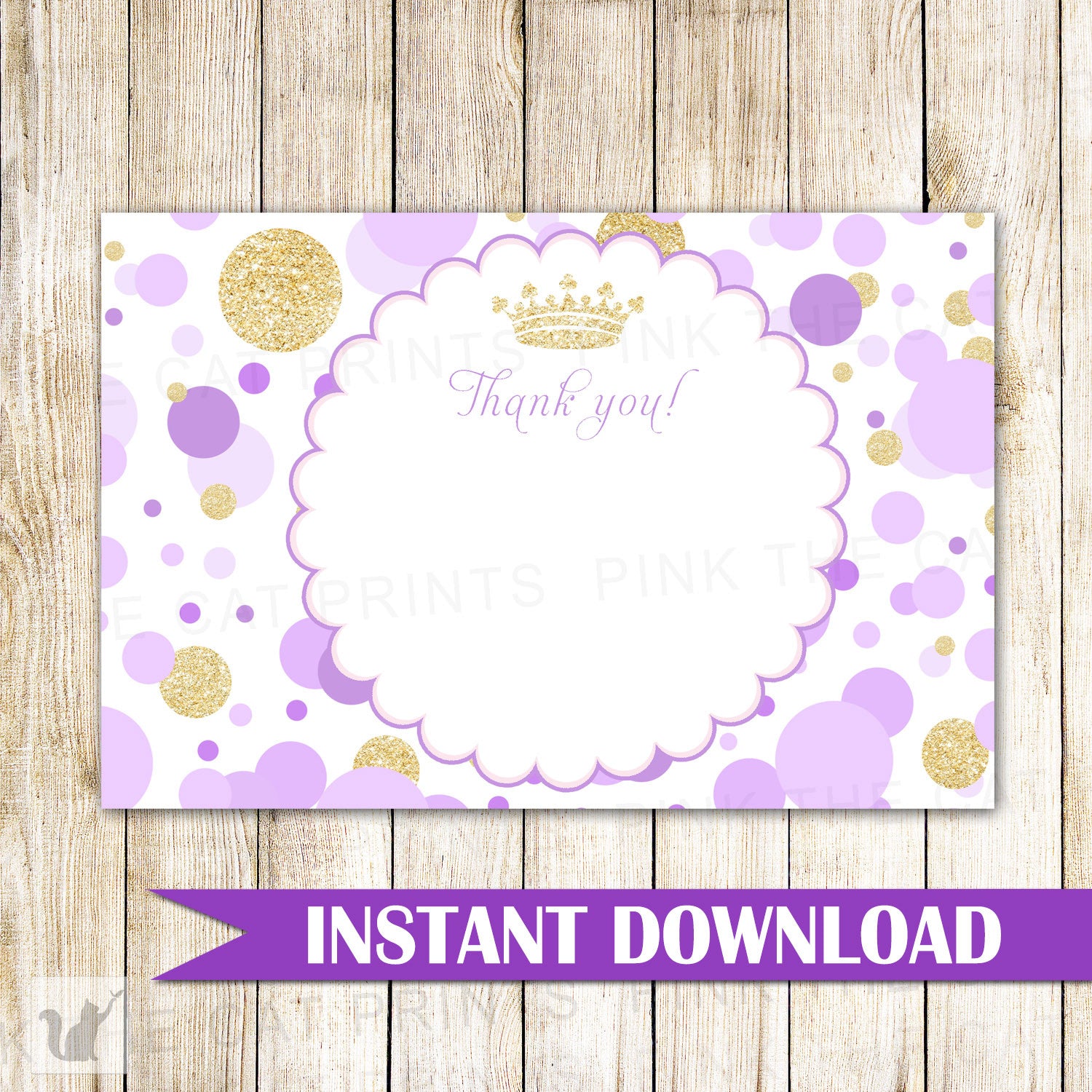 Princess Blank Thank You Card Note Purple Gold Confetti