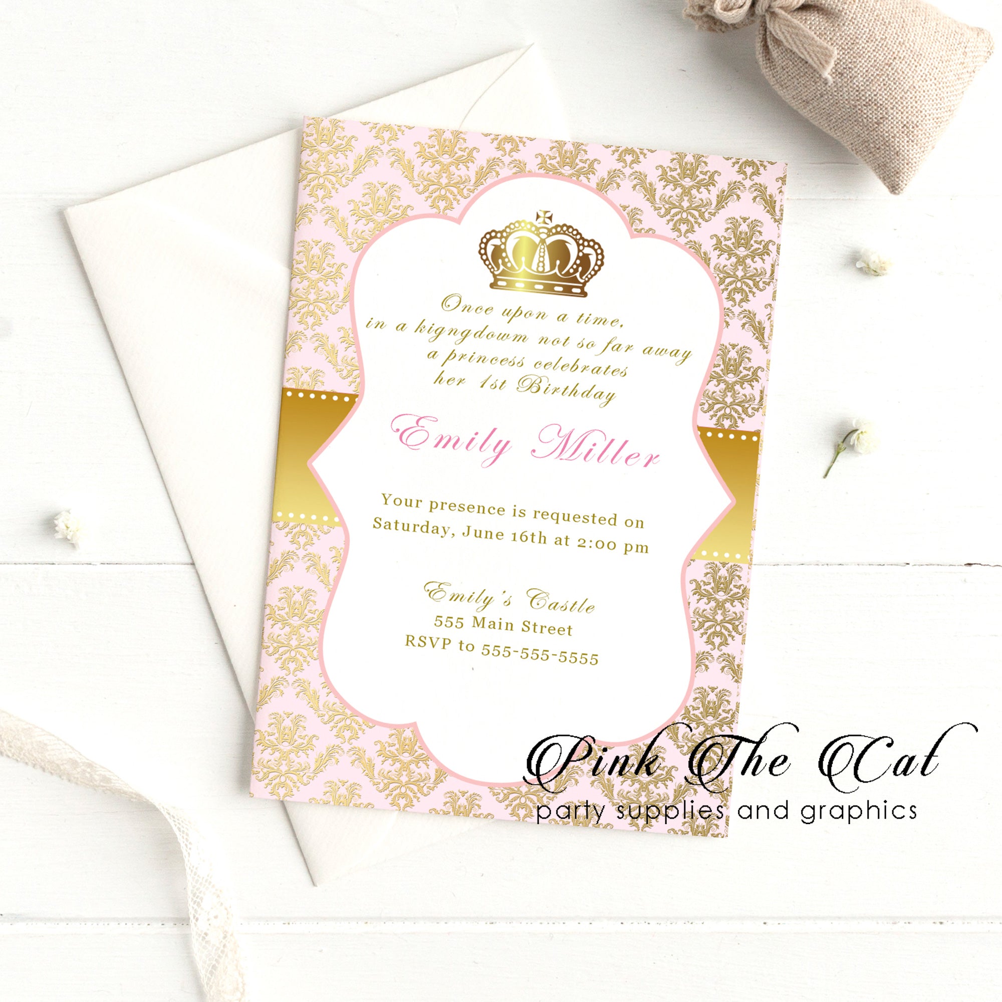 Princess invitatations pink gold printable