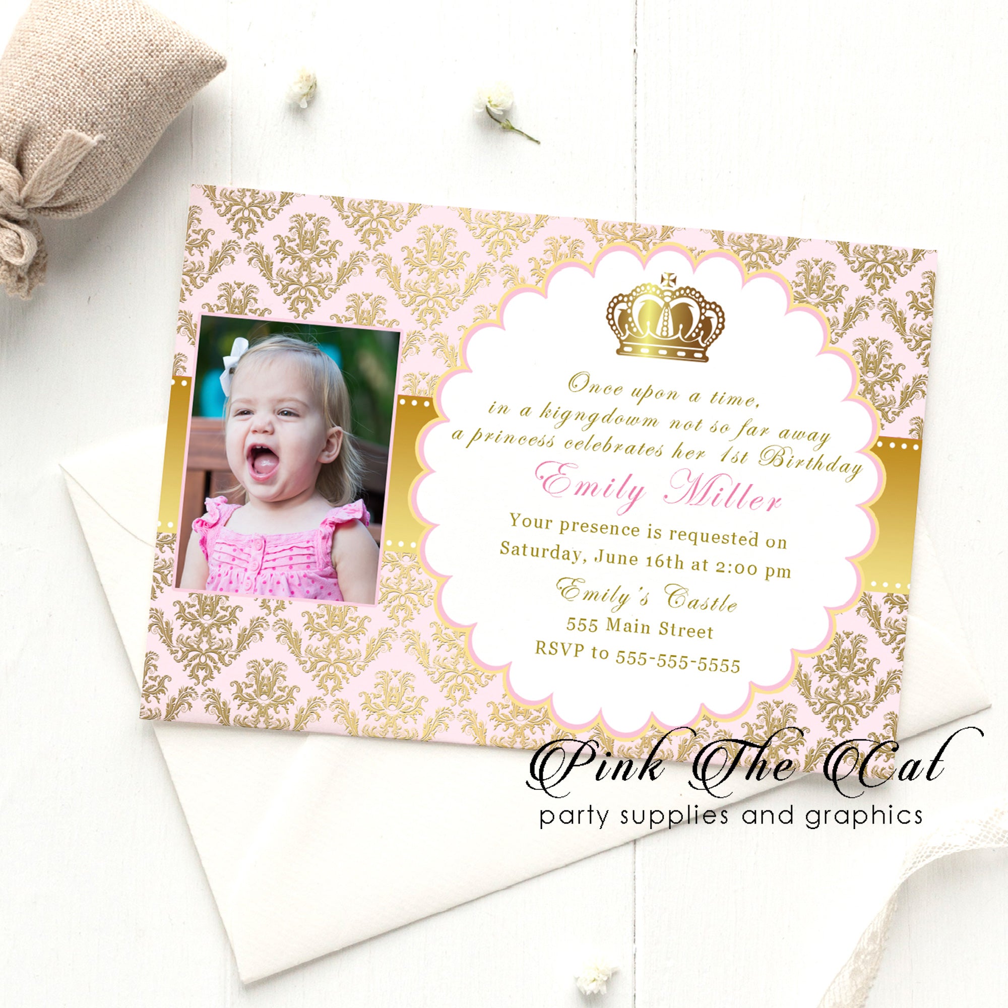 Princess invitatations pink gold photo girl birthday printable template