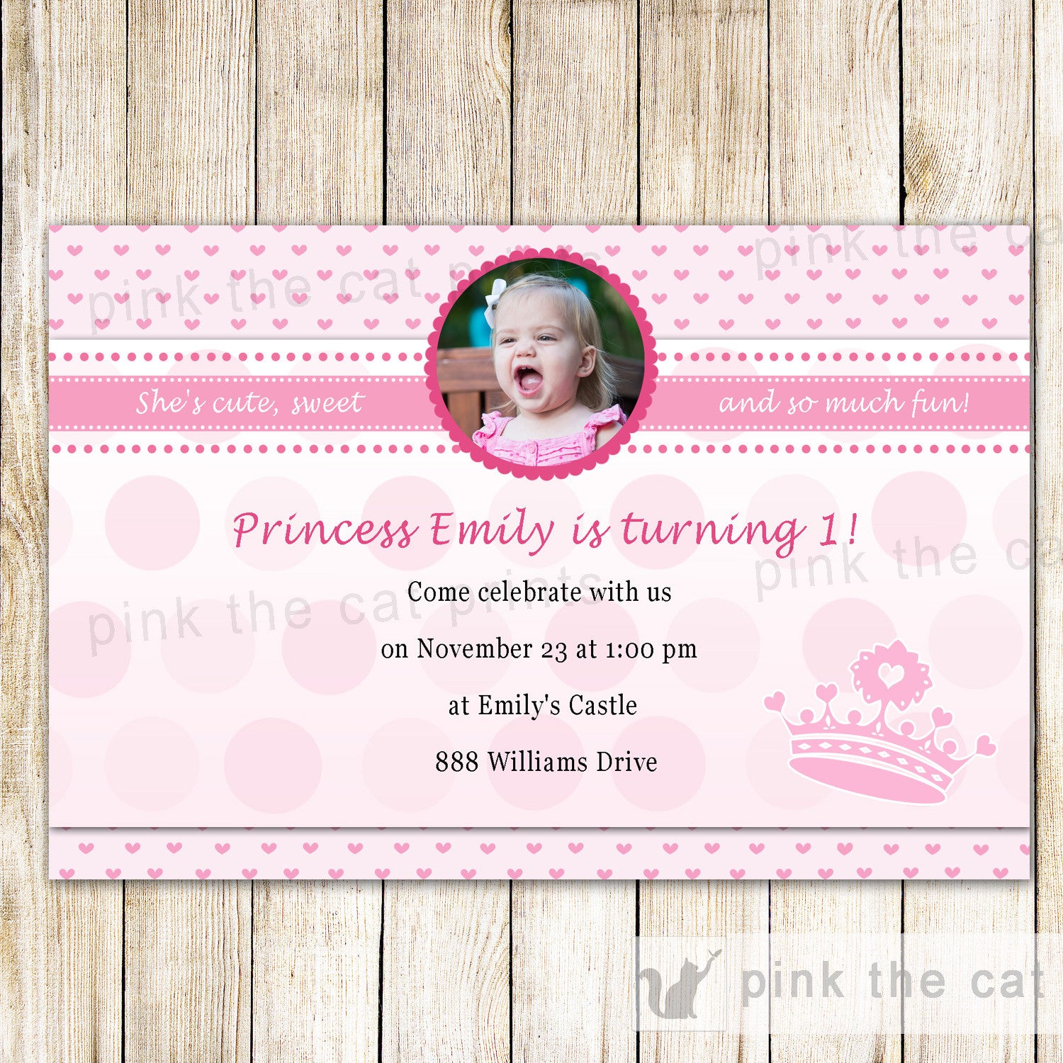 Princess Invitation Girl Birthday Party Pink Hearts With Photo