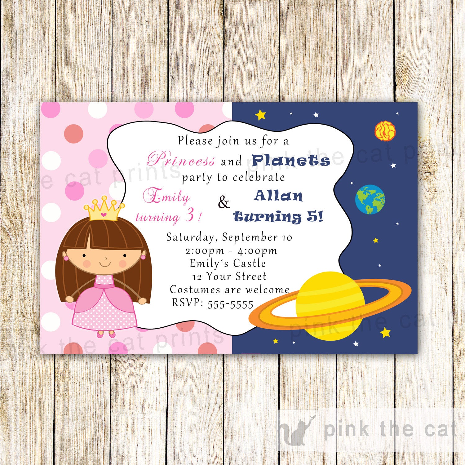 Space Planets Princess Invitation Girl Boy Birthday Party Kids