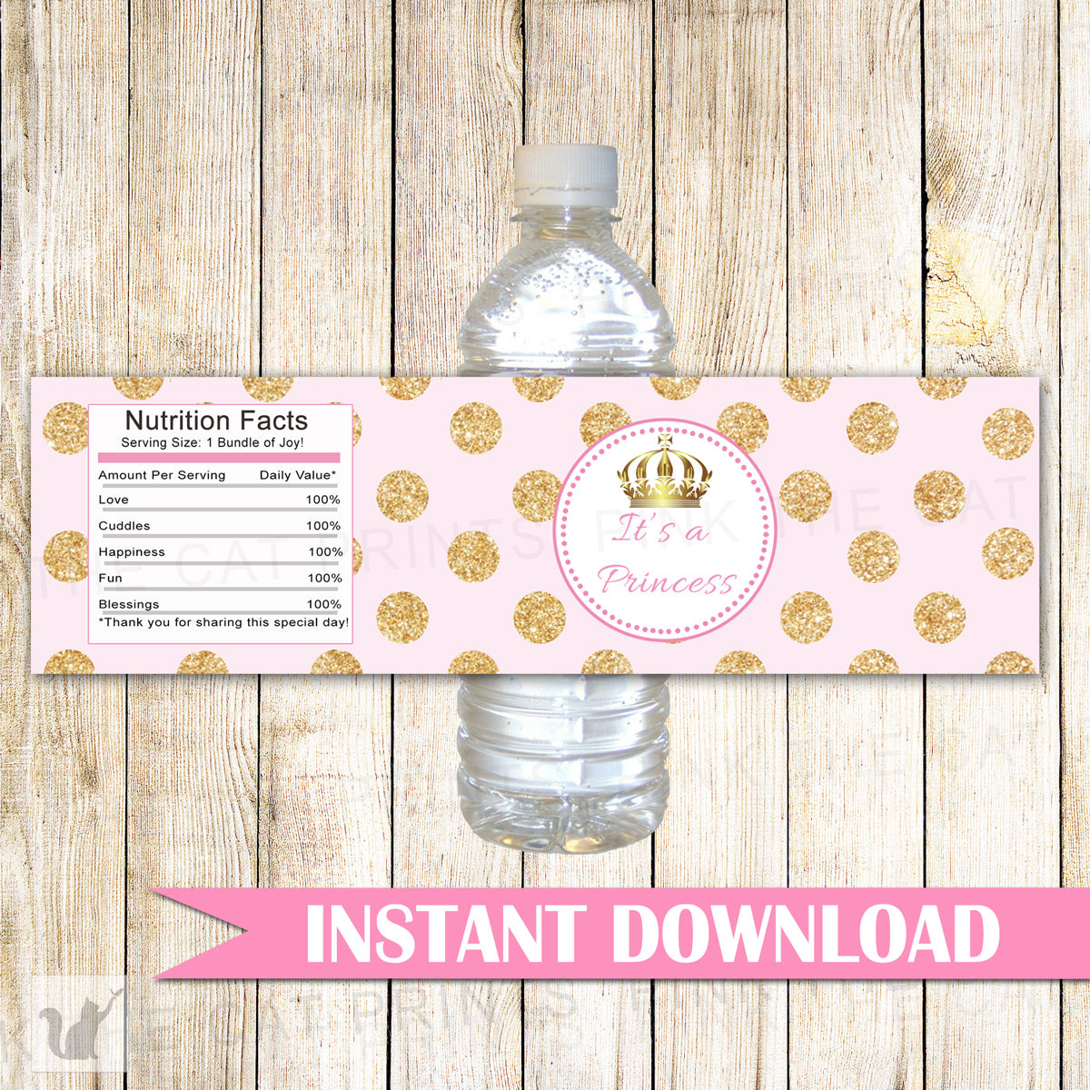 Princess Bottle Label Wrapper Pink Glitter Gold