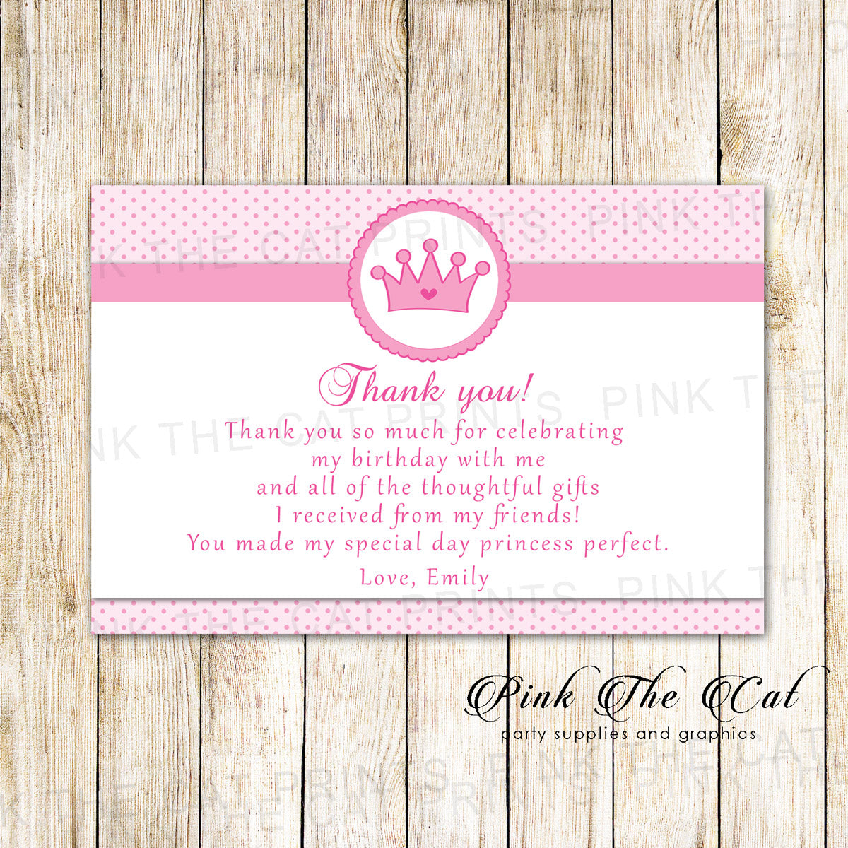Princess Thank you Note Card Pink Dots Birthday Baby Shower