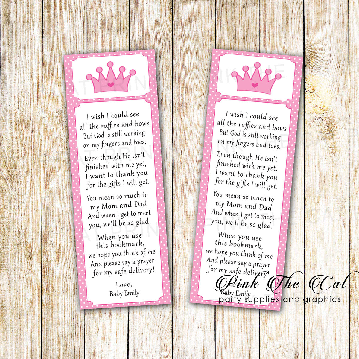 Pink Princess Bookmark Baby Shower Favor printable for girls