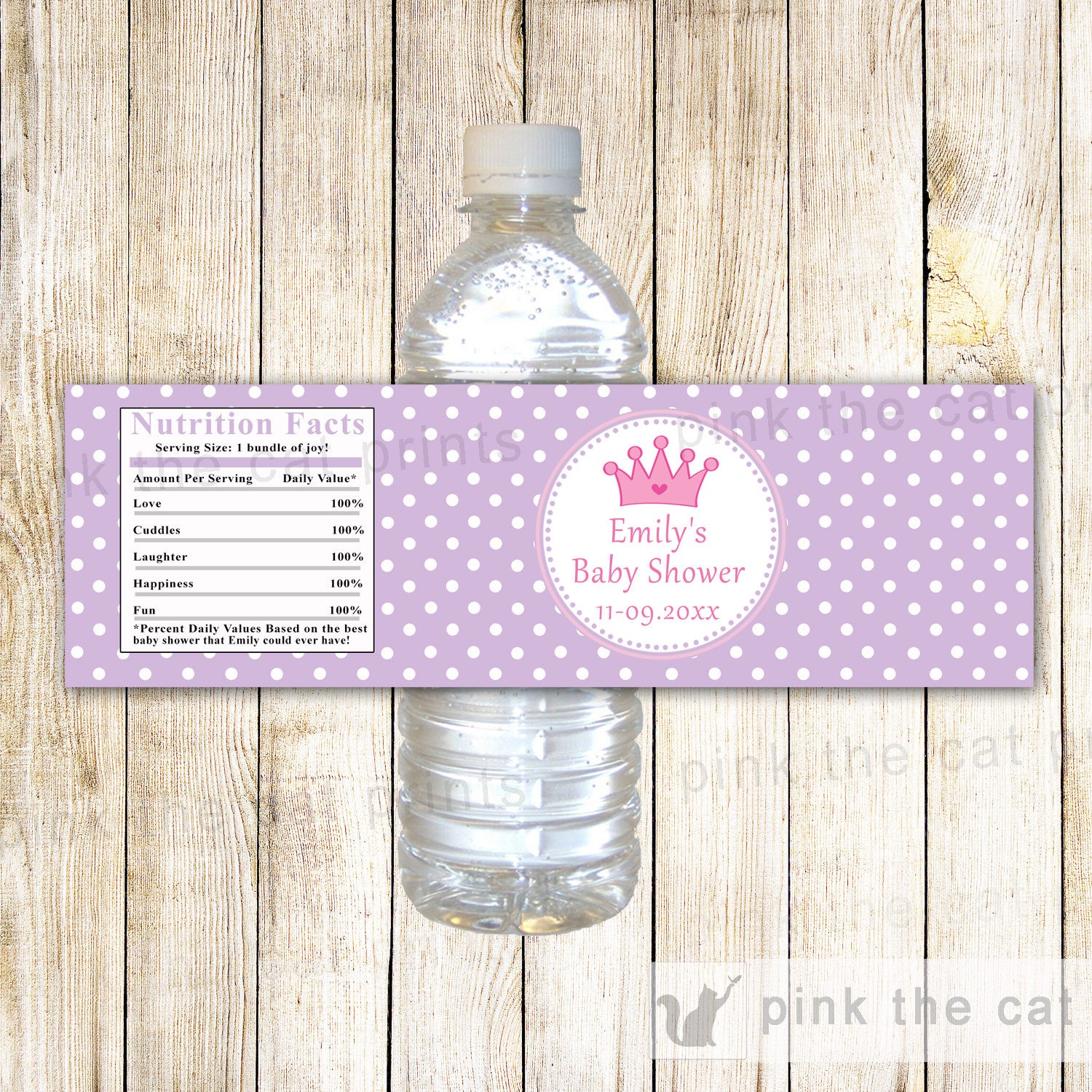 Princess Bottle Label Wrapper Girl Baby Shower Birthday Purple Pink
