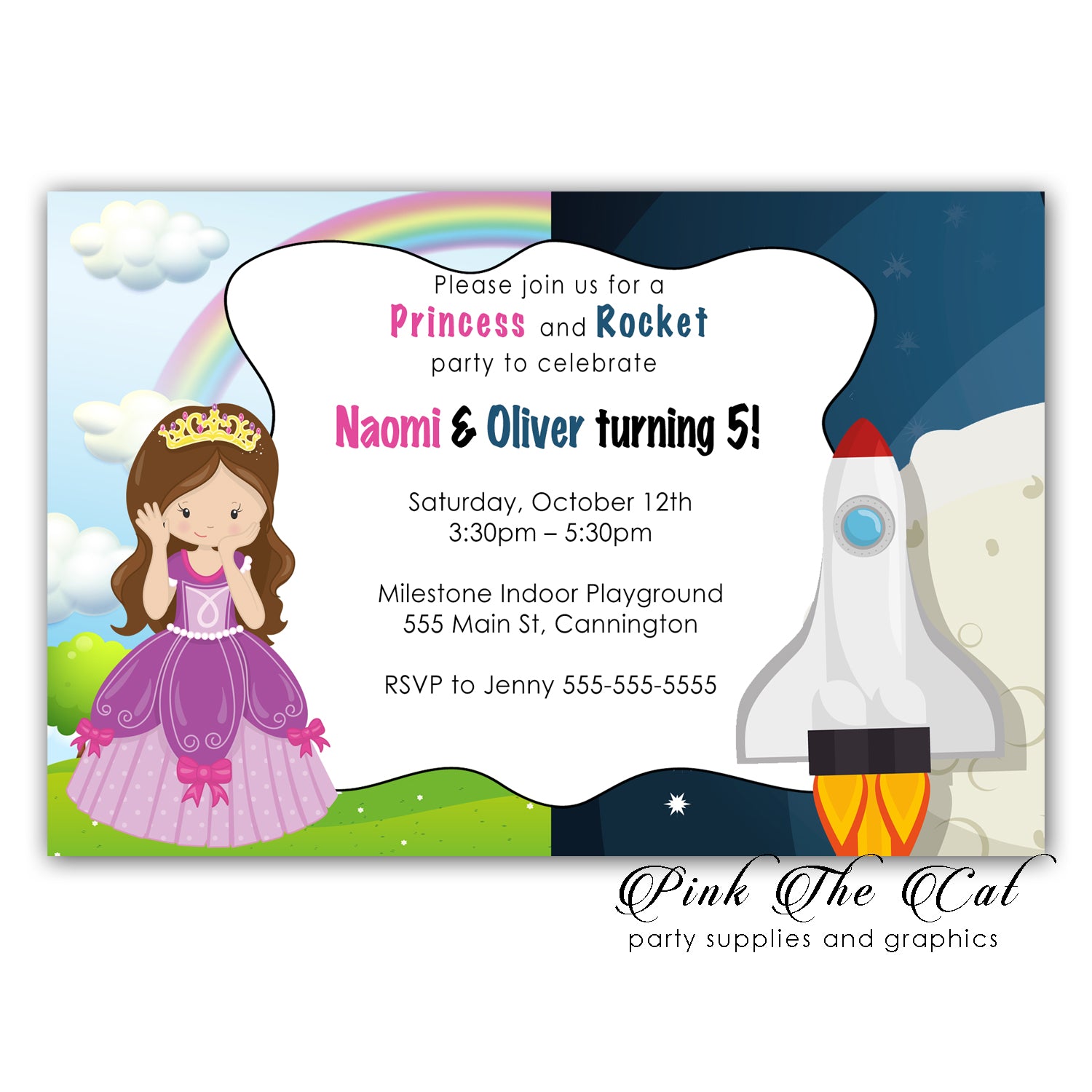 30 Princess rocket space ship invitations kids birthday & envelopes