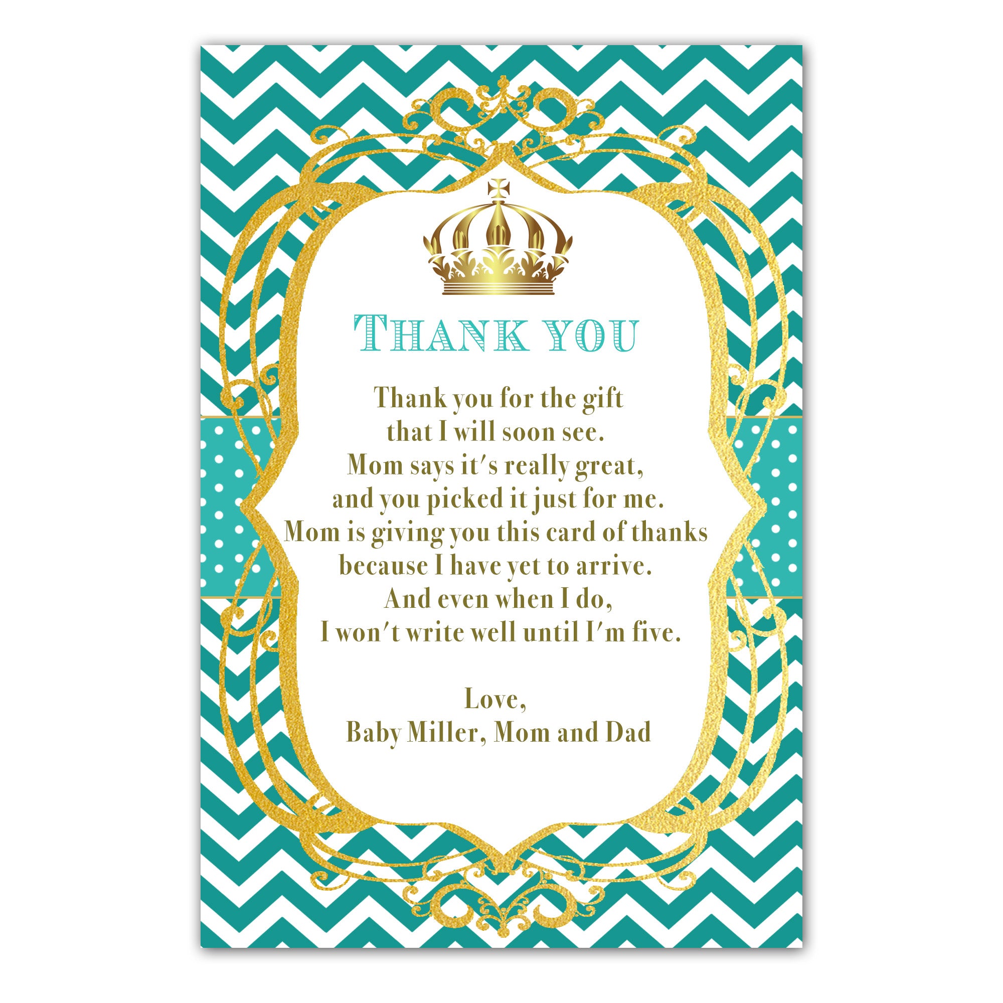 30 thank you cards prince princess teal personalized