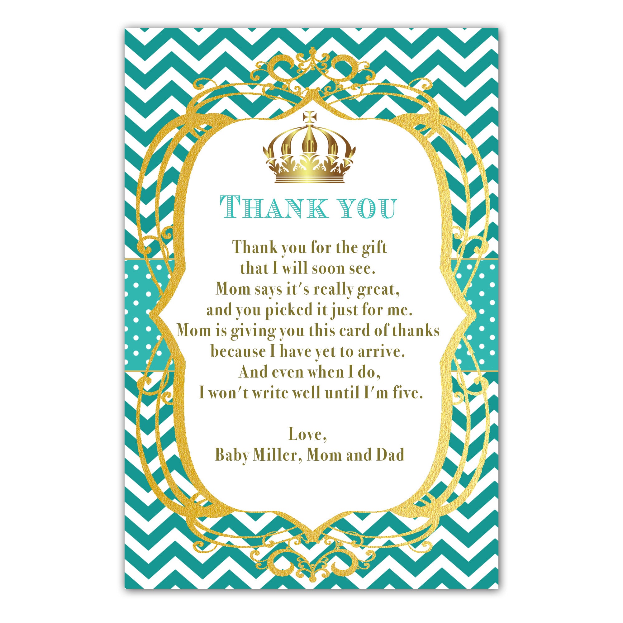 30 thank you cards prince princess teal personalized with envelopes