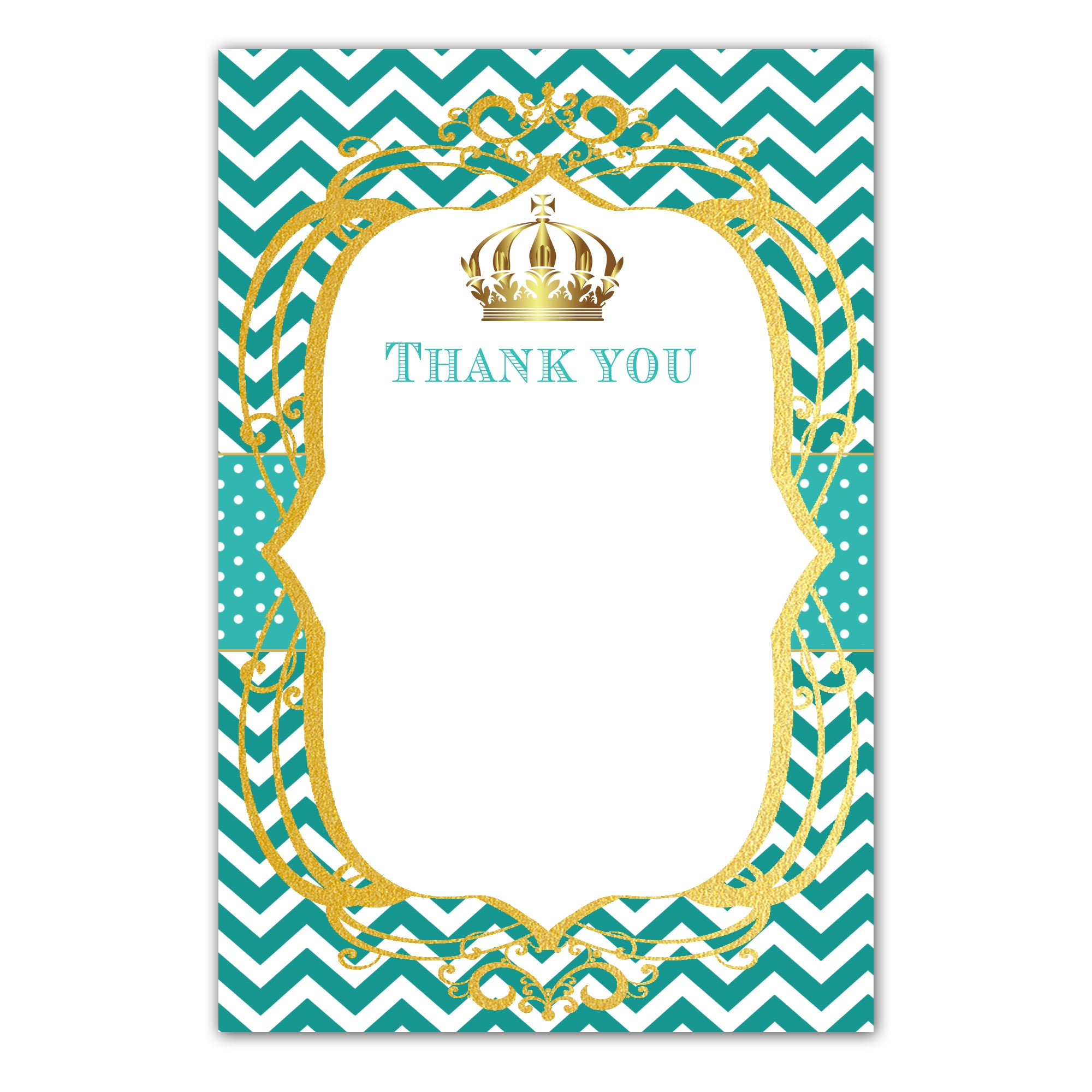 Prince princess thank you card teal gold + envelopes