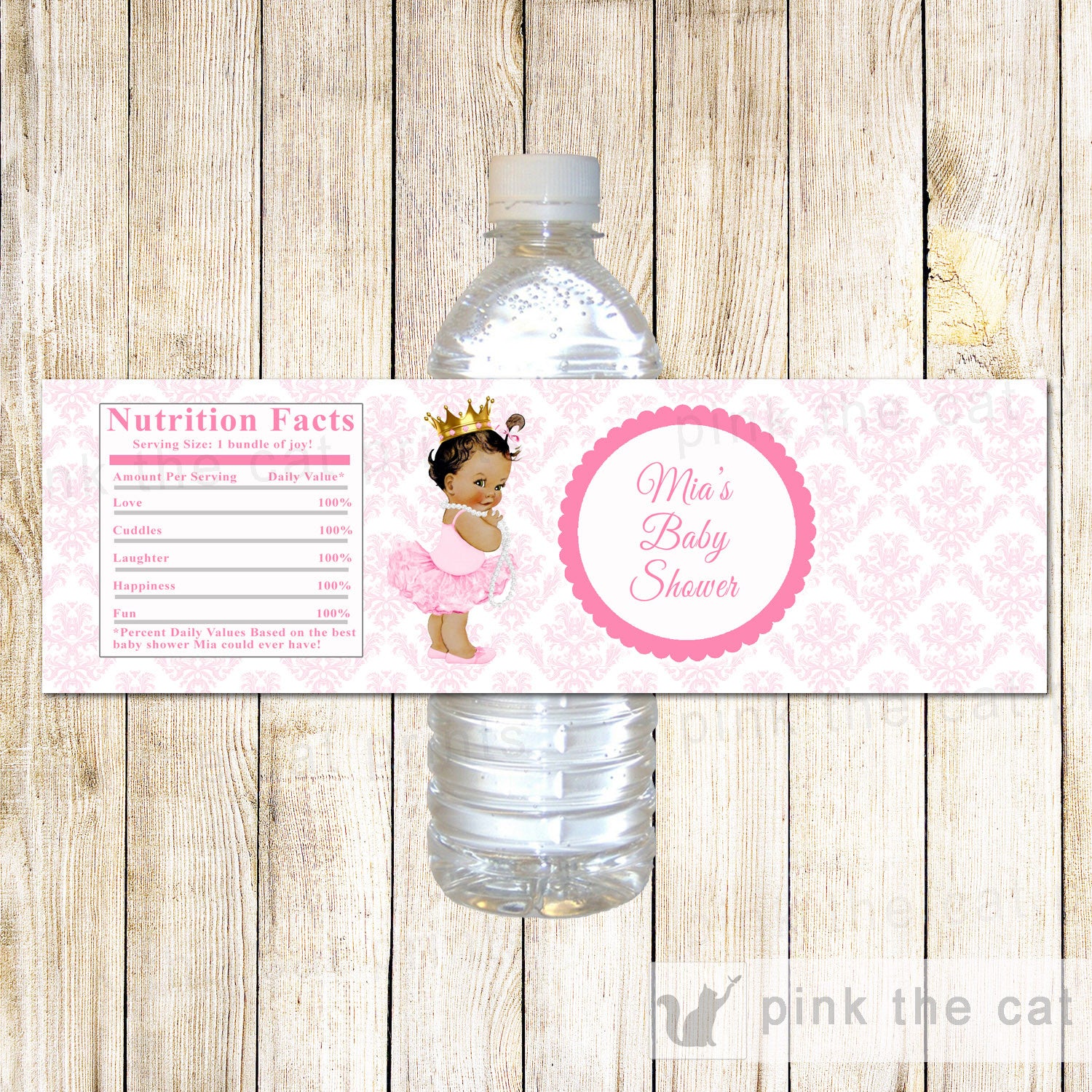 Princess Vintage Bottle Label Girl Birthday Baby Shower Pink Damask