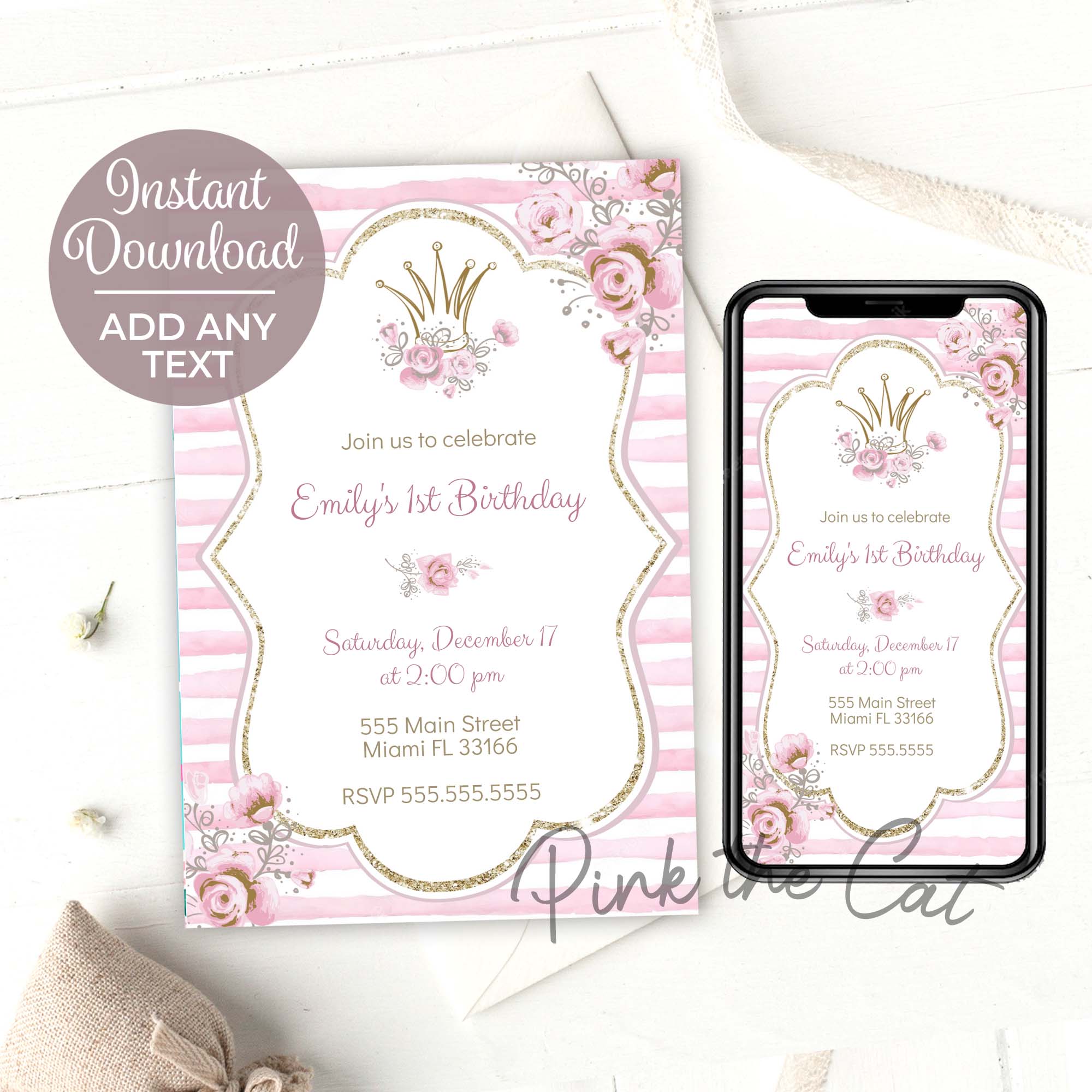 Princess invitation pink gold floral