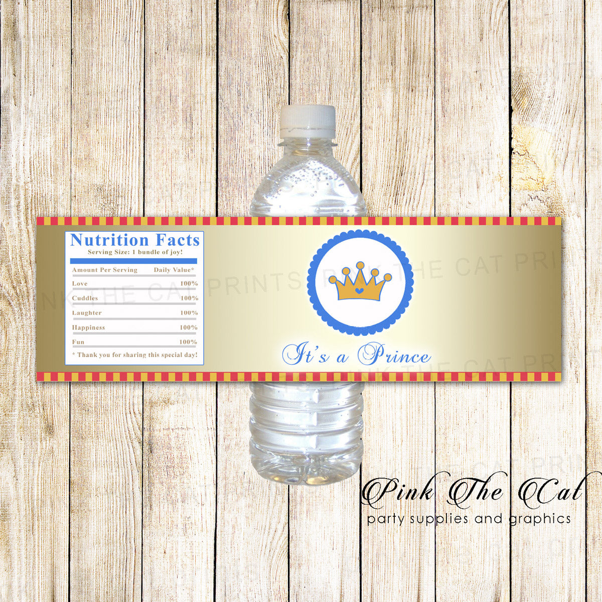 30 Bottle Labels Prince Baby Shower Gold Blue Red