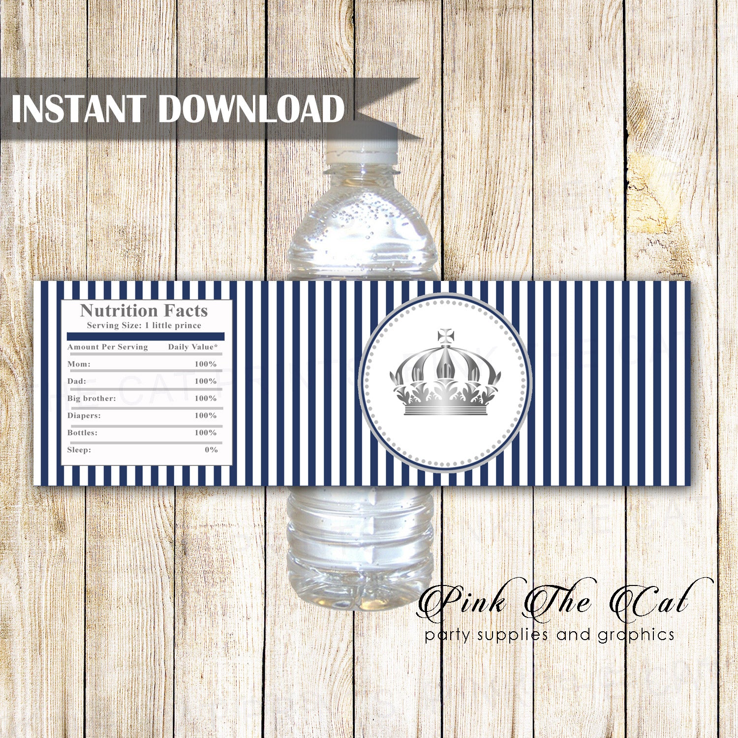 Navy blue silver prince bottle label birthday baby shower printable