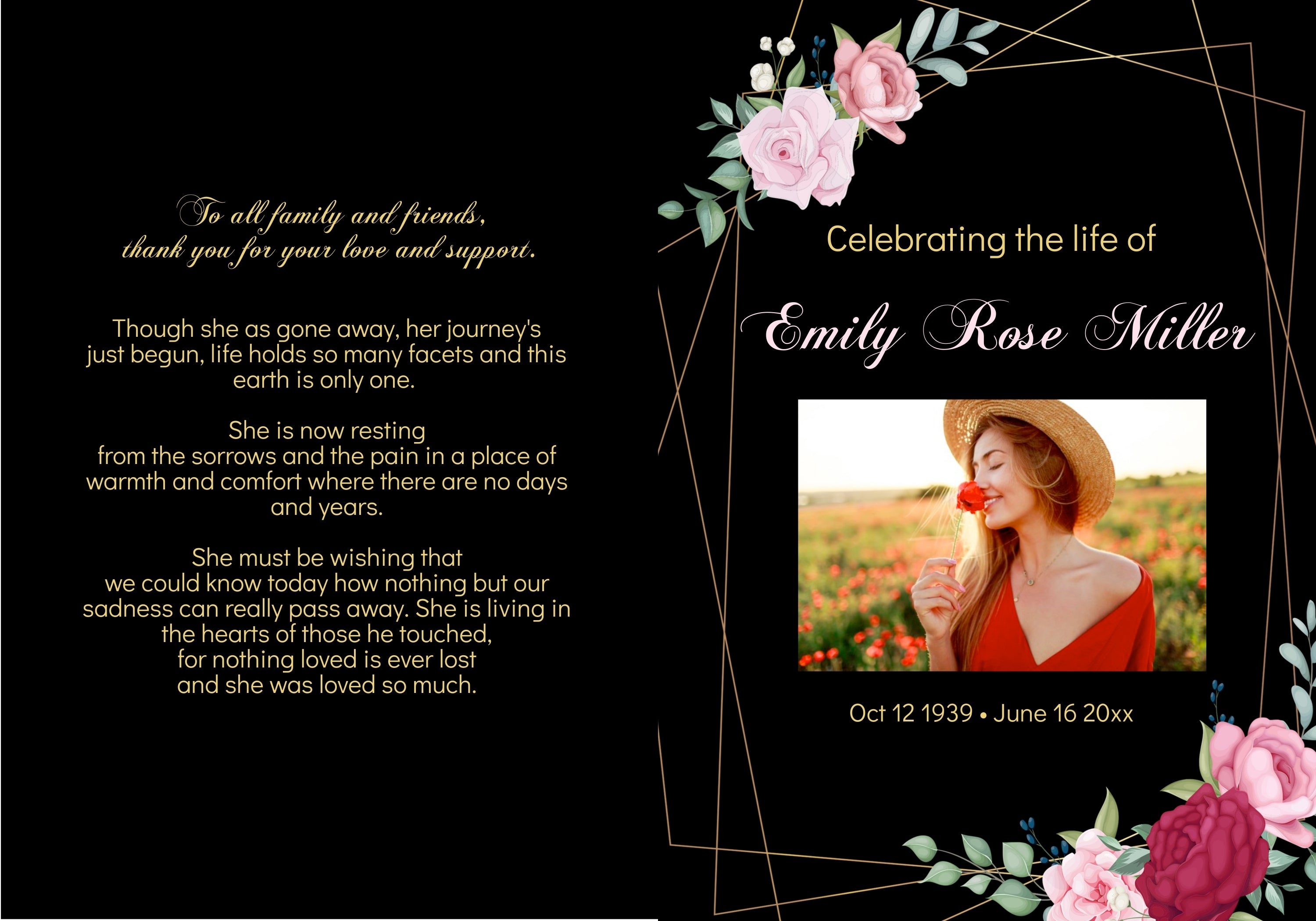 Funeral program floral roses black gold