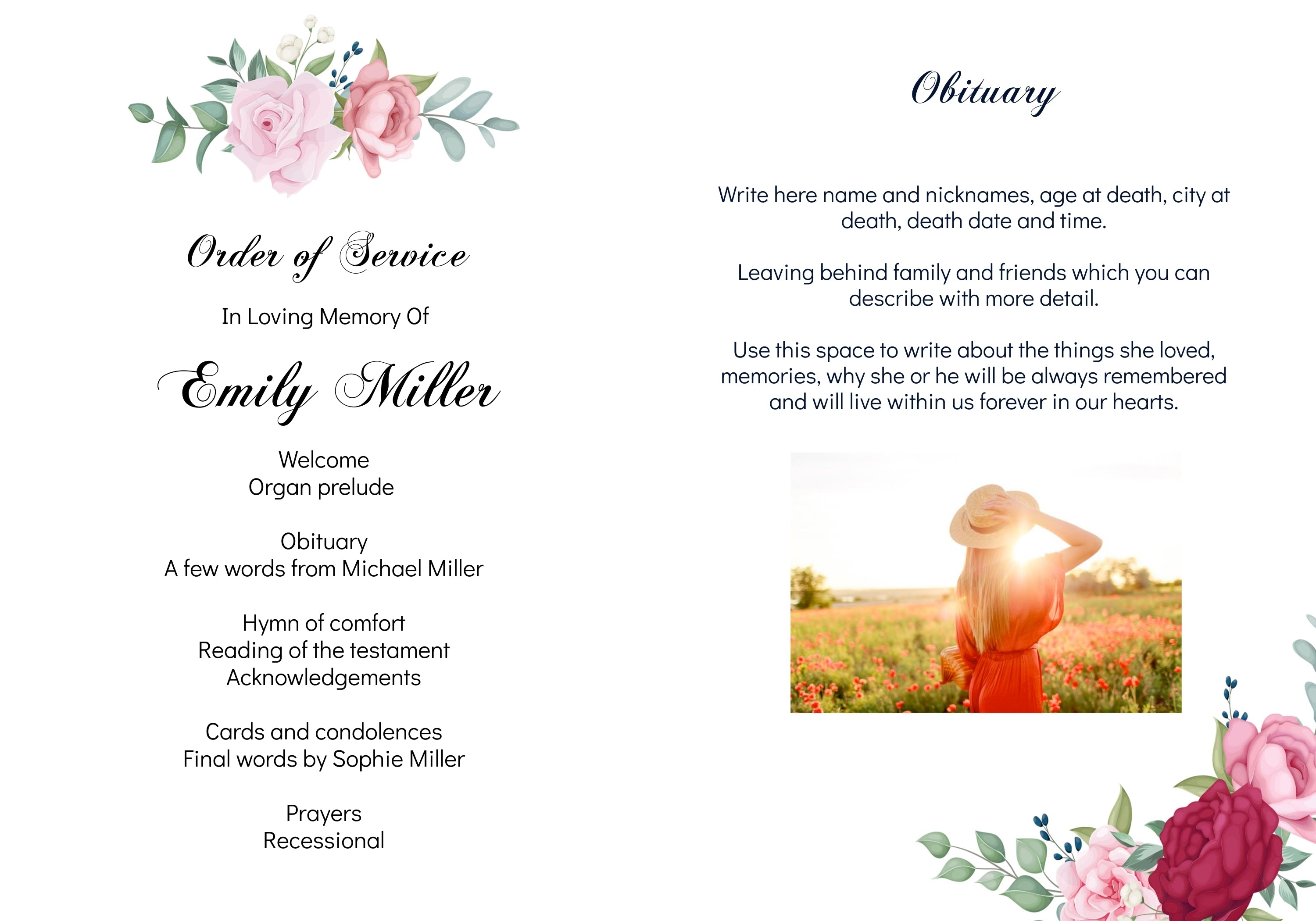 Funeral program floral roses black gold